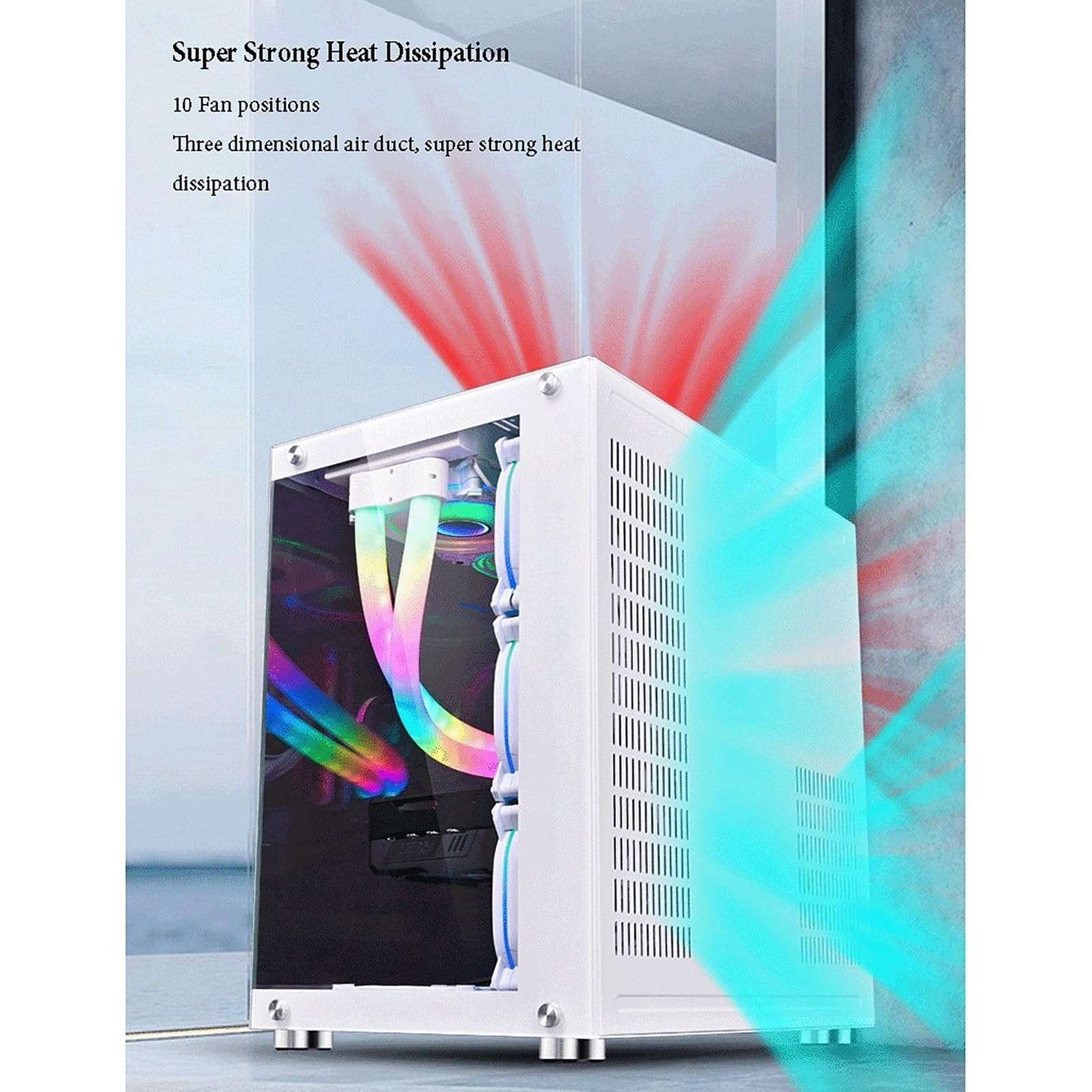 ATX Case, Mid-Tower PC Gaming Case ATX/M-ATX - Front I/O USB 3.0 Port - Tempered Glass Side Panel - Support Water Cooling - 10 Fan Position(V) 6