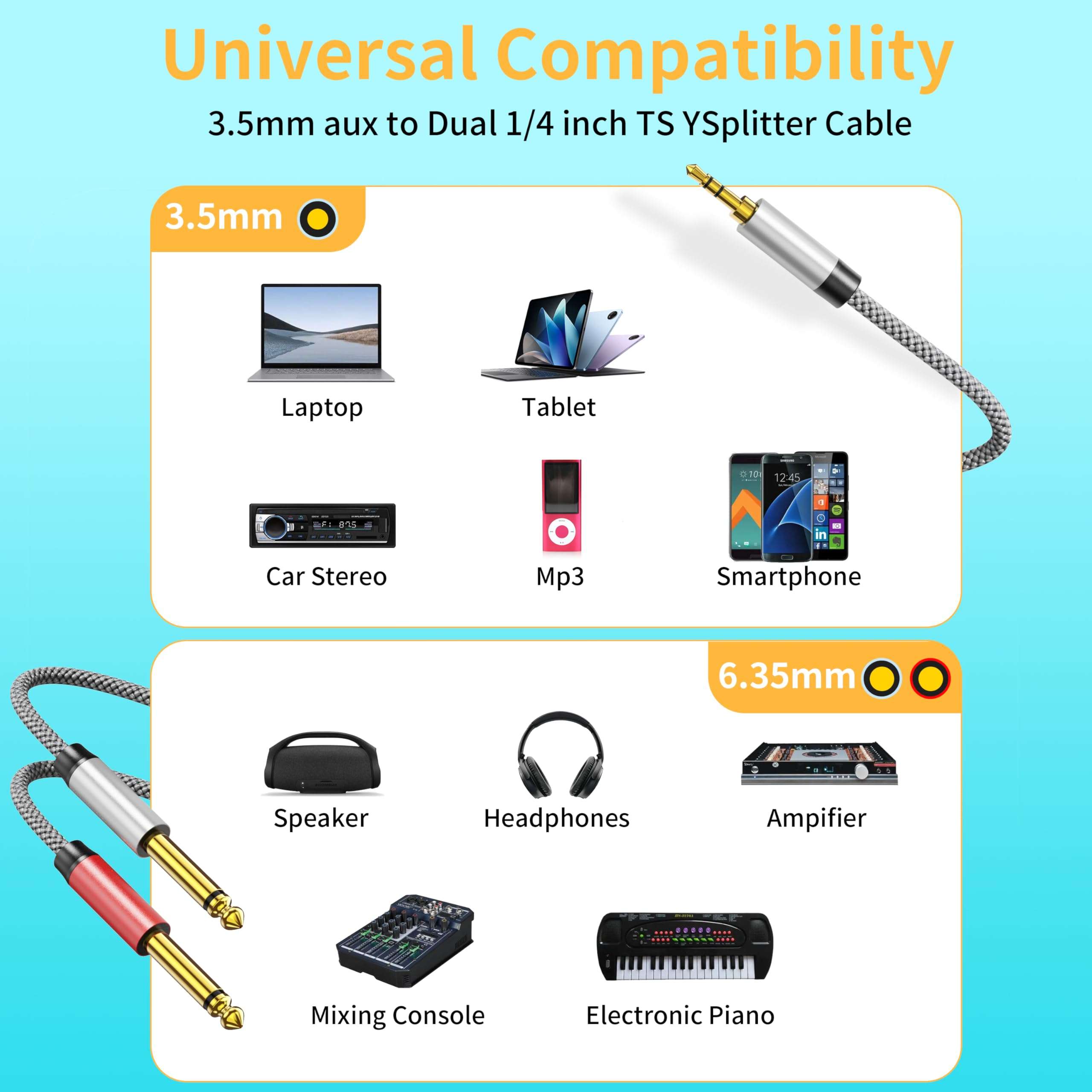 PPTVC 3.5mm 1/8" TRS Male to 2X 6.35mm 1/4" TS 25ft,Male Mono Stereo Y-Cable Splitter Compatible for Home Stereo Systems, Laptop,Amplifier, Mixer Audio Recorder，MP3, etc 2