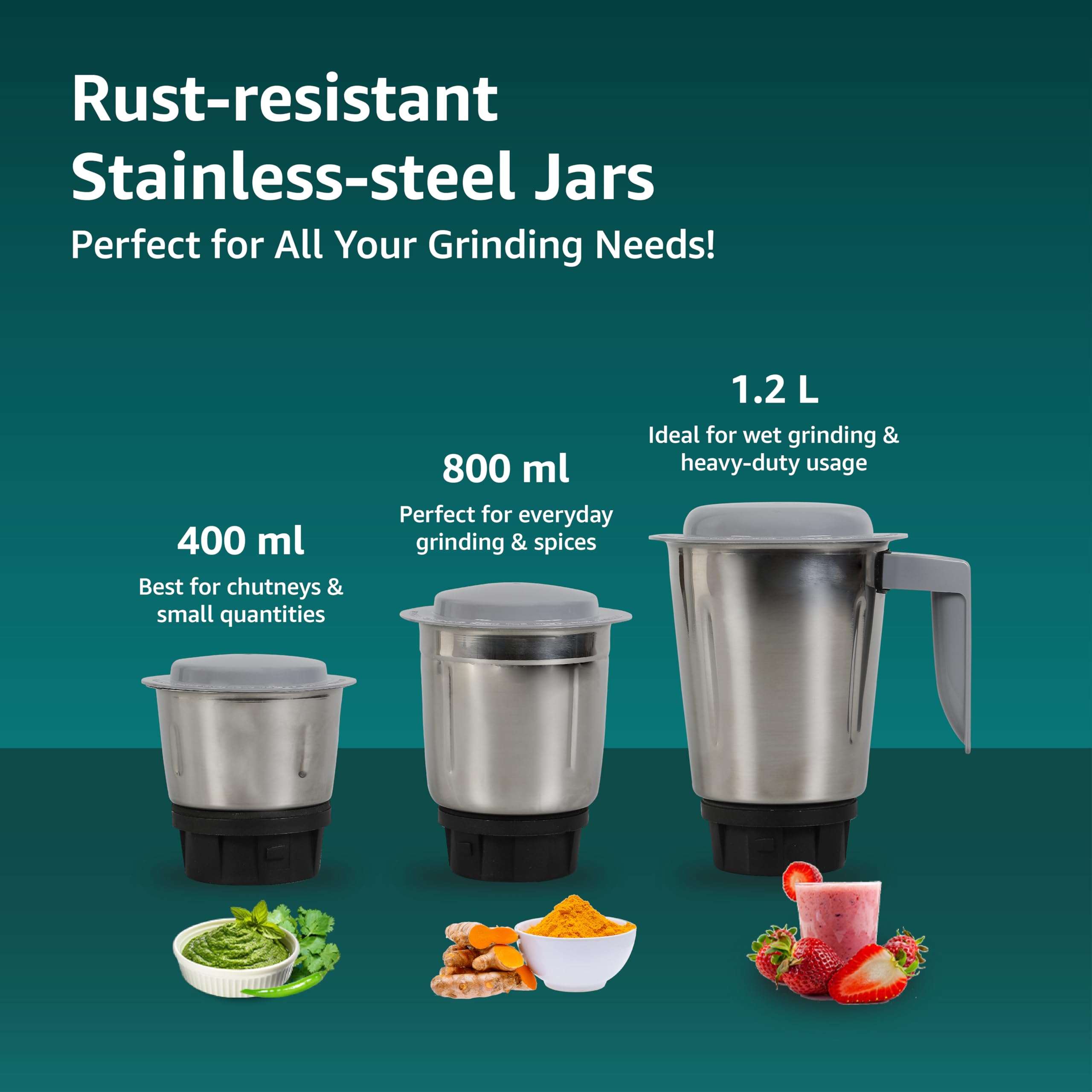 Havells Pulse 500 Watt Mixer Grinder|3 Stainless Steel Leak-Resistant Jars (400ml, 800ml, 1.2L)|3 Speed Control|Heavy-Duty ABS Body|Durable SS Blades|Air Vent Technology |1 Year Product Warranty|Black 3