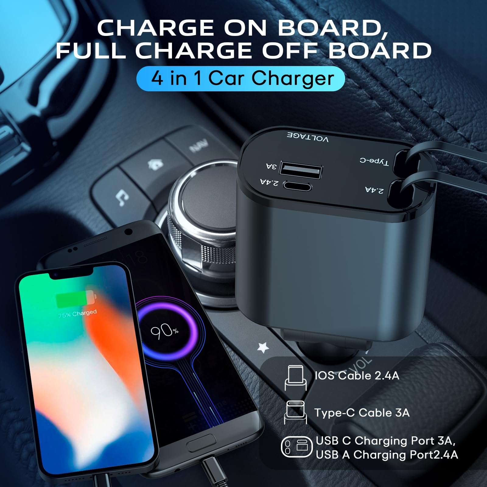 iYeHo Retractable Car Charger,4 in 1 Fast Charger,Car Adapter with Retractable Cables and Dual USB Ports for iPhone 15/15 Plus/15 Pro/15 Pro Max/13/12/11,Galaxy S23,MacBook Pro,iPad Air,and More 3