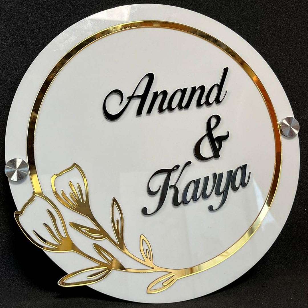 CHELNA Customized Acrylic Floral Pattern with Ring Laser Cut Nameplate with Stainless Studs for Door Entrance (White) (12inchX12inch) 1
