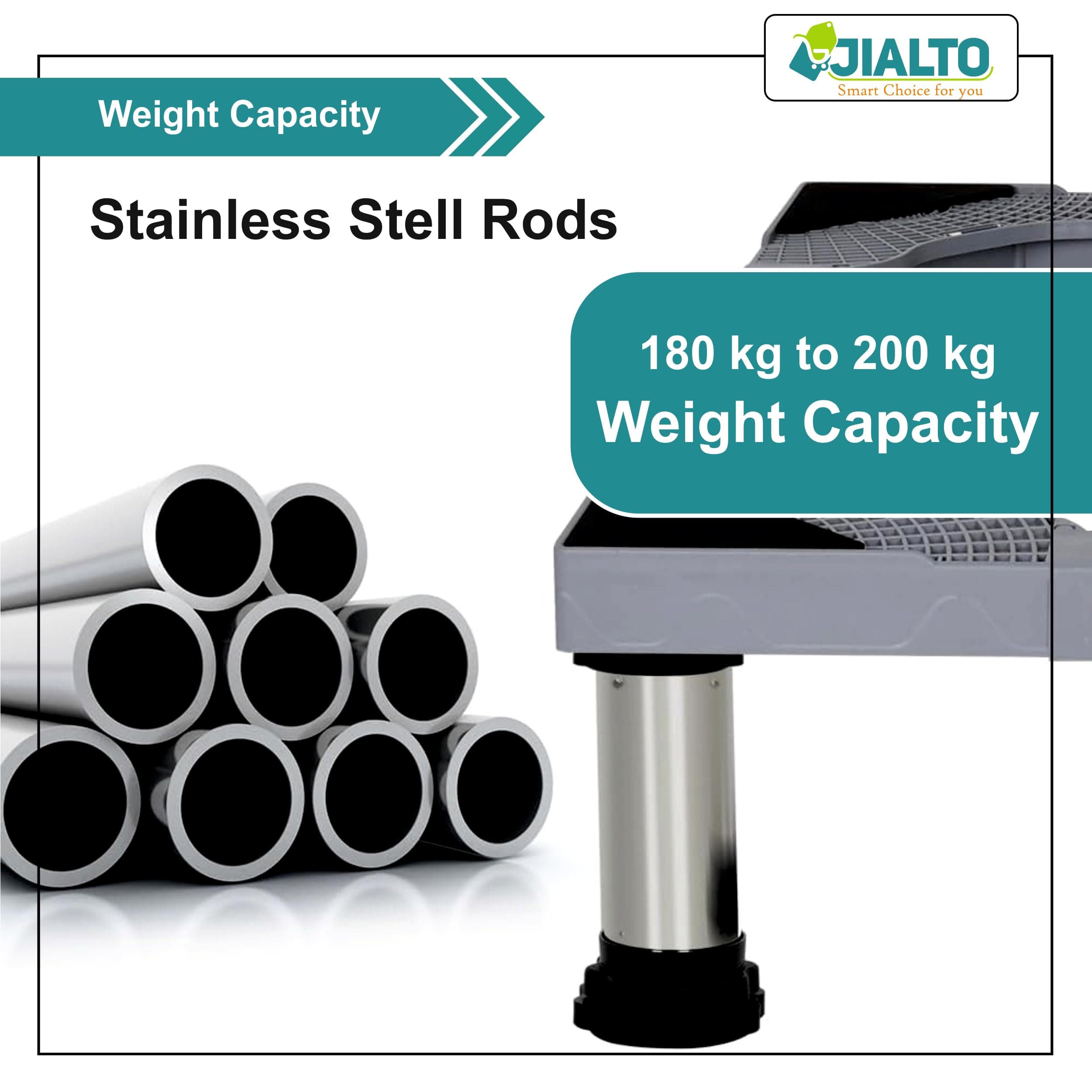 JIALTO Universal Adjustable Washing Machine Stand with 4 Heavy-Duty Legs- Movable Base for Refrigerator, Dishwasher & Appliances- Load Capacity 8–200 kg (WM - Single Pipe & 4 Legs Grey) 5