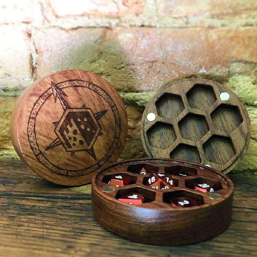 Rose Wood Dice Chest with Compass Rose Design & Magnetic Lid RPG dice set tabletop role-playing DnD Magic the Gathering Dice Counters and Tabletop Games Rosewood Designs 6