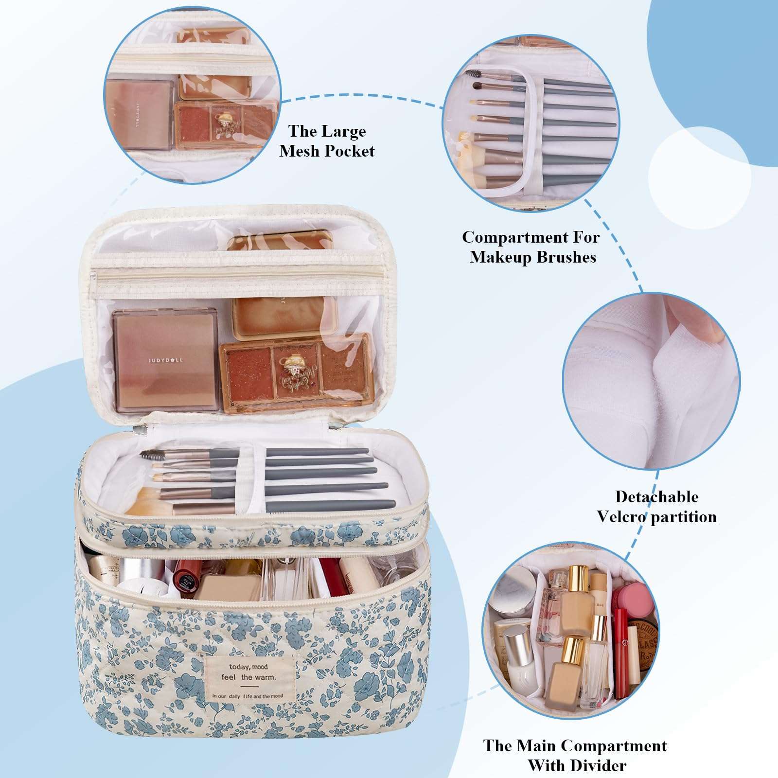 Makeup bag, Large Cosmetic Bag for Women Girls, Cute Quilted Makeup Bags, Floral Coquette Aesthetic Toiletry Bag, Travel Make Up Organizer Bag (Blue Flowers) 3