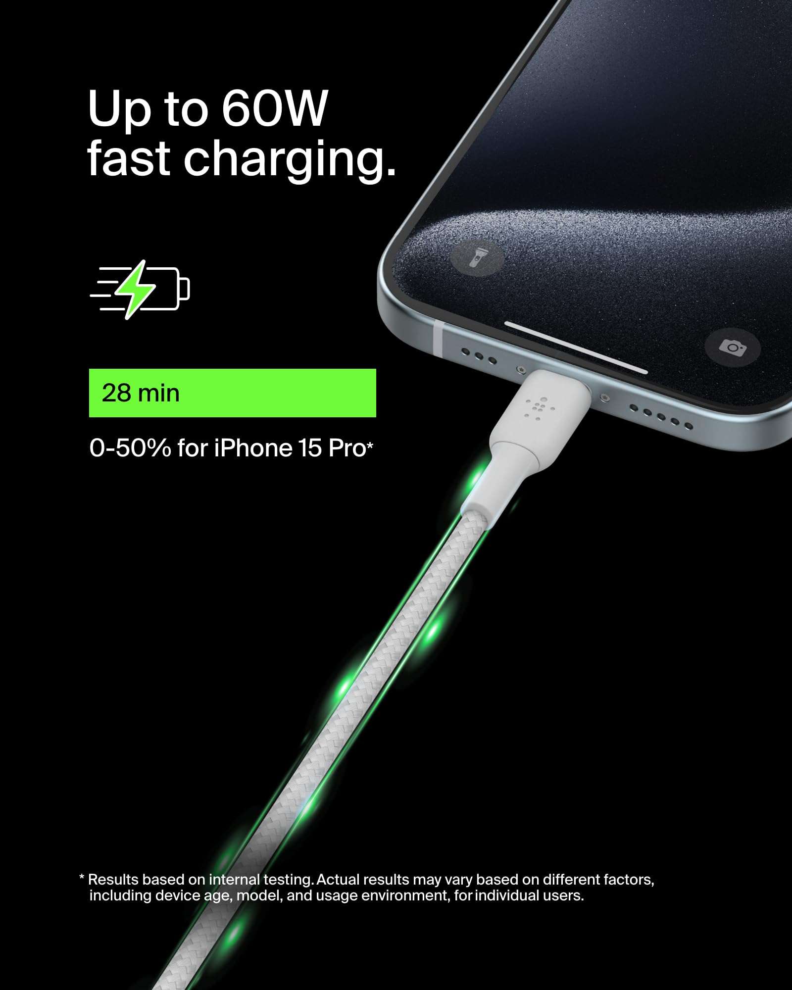 Belkin USB-C to USB-C Braided 3.3 Feet (1 Meter) Fast charging Type C Cable, for iPhone 15 Series and other USB-C Devices, Tough and Durable, 60W PD, USB-IF Certified - White 2