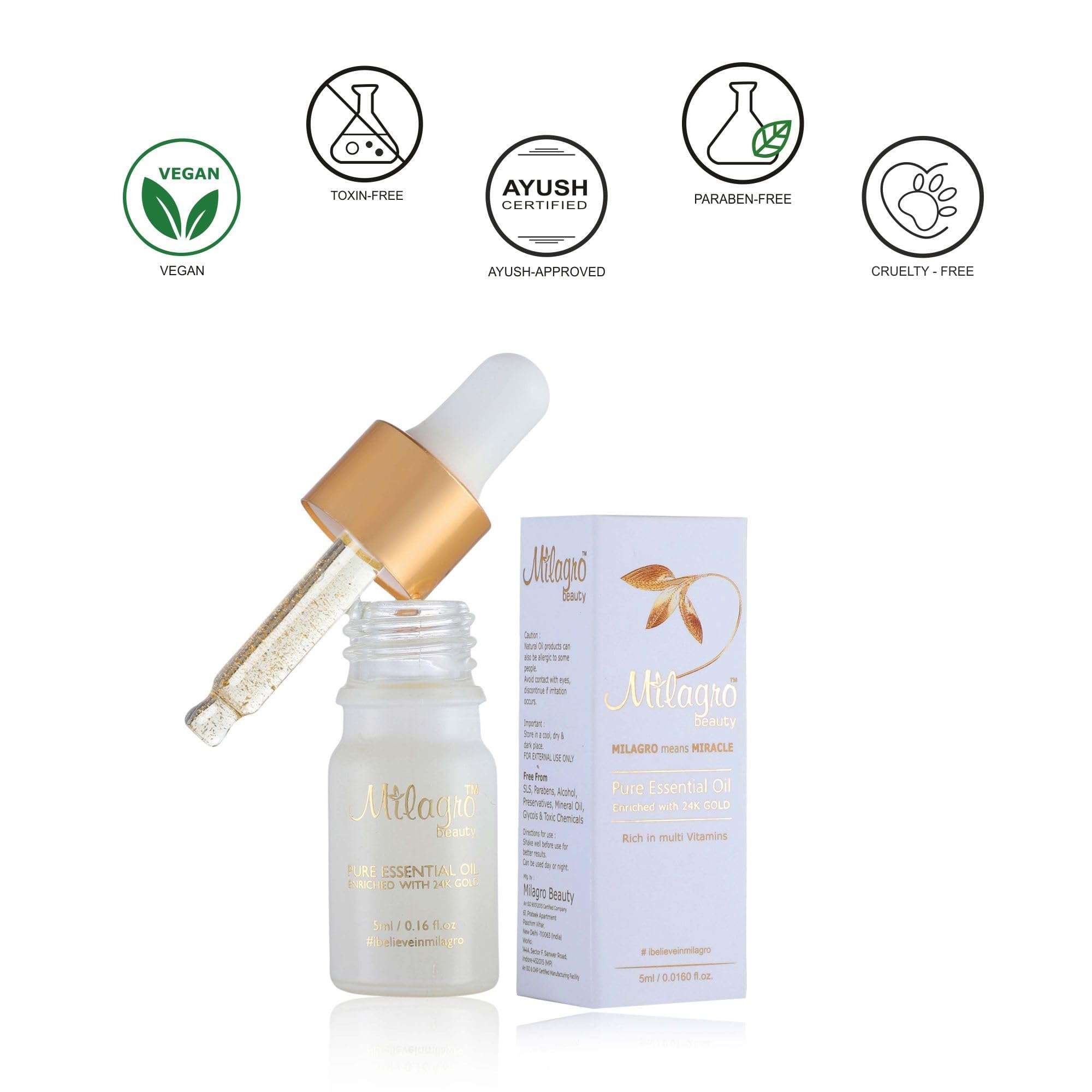 Milagro Beauty 24K Gold Leaves Pure Essential Oil with Goodness of Lemongrass, Sunflower & Almond for Skin Hydration Anti-ageing Glow Booster Primer for Dewy Foundation Finish (5ml) 6