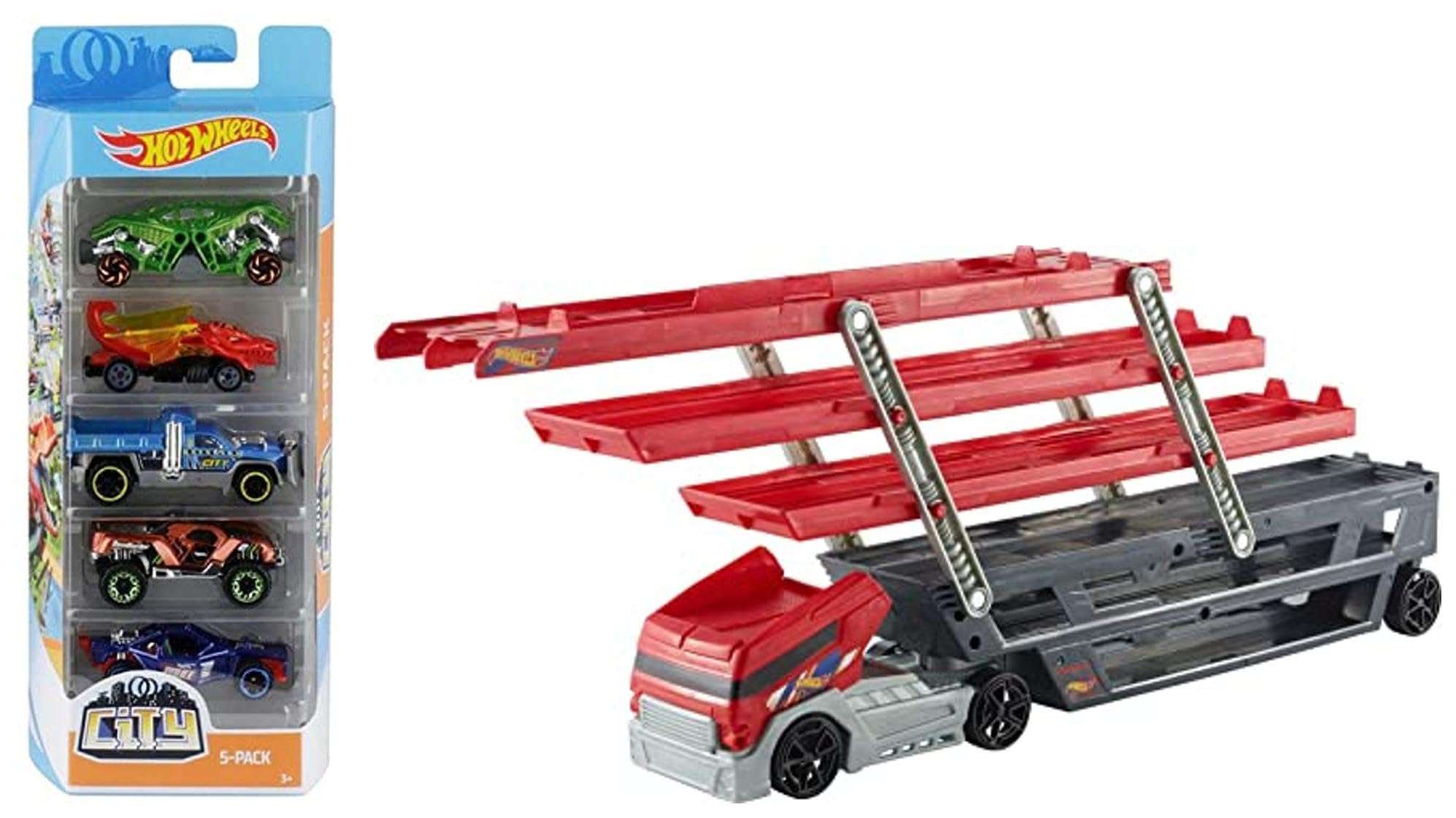 Hot Wheels 5-Car Pack of 1:64 Scale Vehicles& Hot Wheels Plastic Mega Hauler Truck, Stores More Than 50 Cars, Multicolor 1
