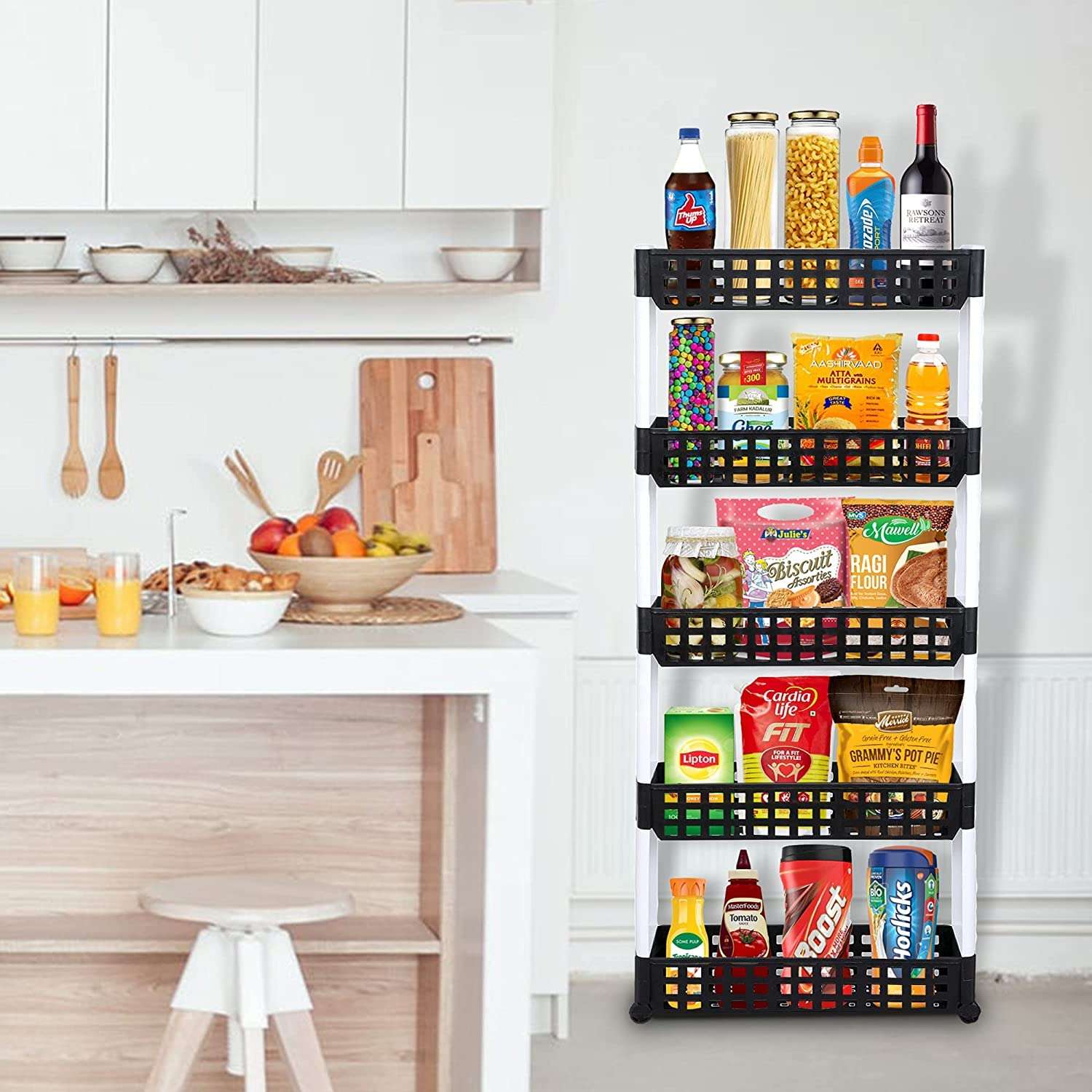 Rincy 5 Layer Multipurpose Plastic Storage Organizer Slim Rack Shelf with Wheels | Slim Slide Out Kitchen Trolley Rack Holder Storage Organ (5 Shelf, Black & White) 4