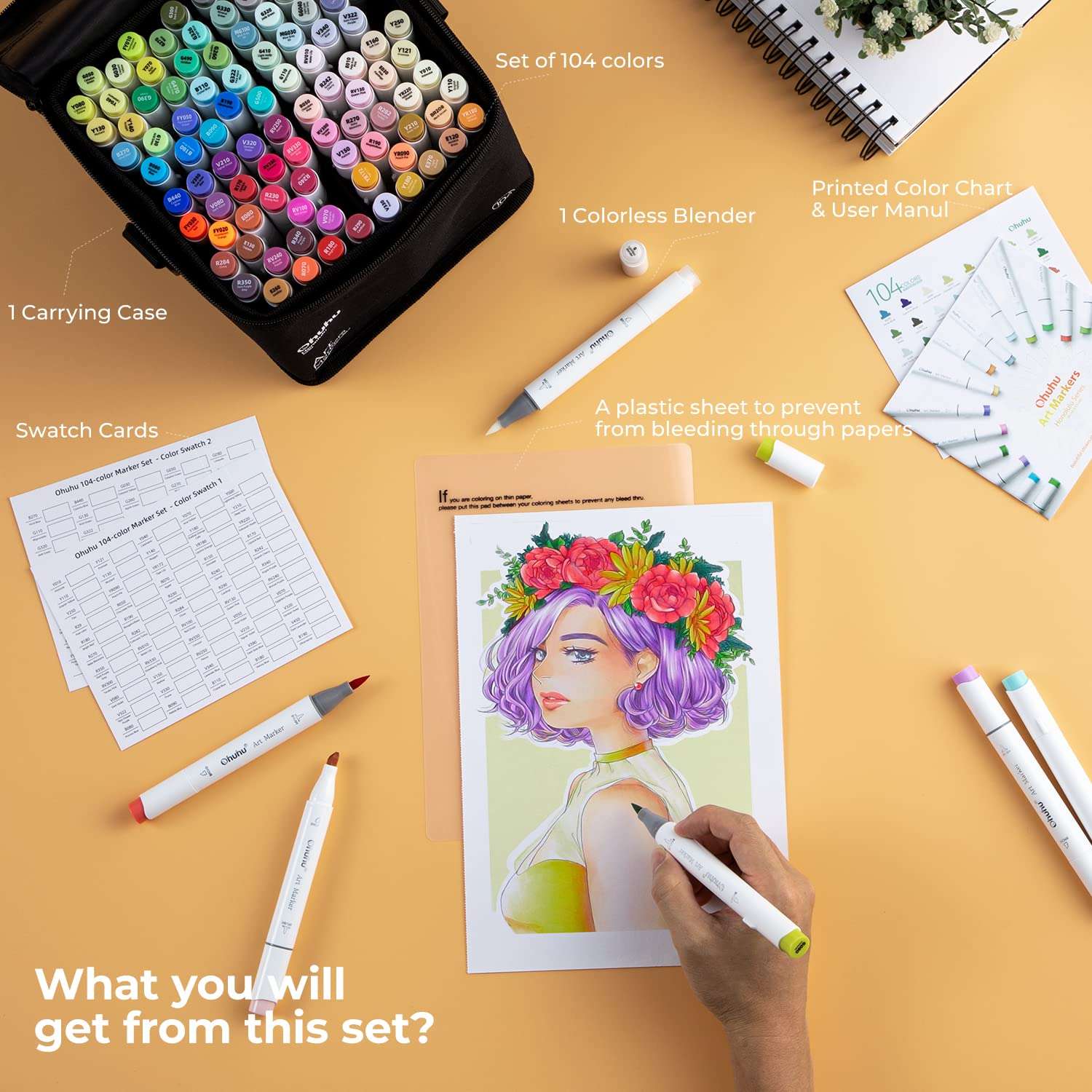 Ohuhu Alcohol Markers Brush Tip-104-Color Art Marker Set For Artists Honolulu Series Double Tipped Alcohol Based For Adults Coloring Sketching Illustration Dual Tip Brush&Chisel,Multi-coloured 6