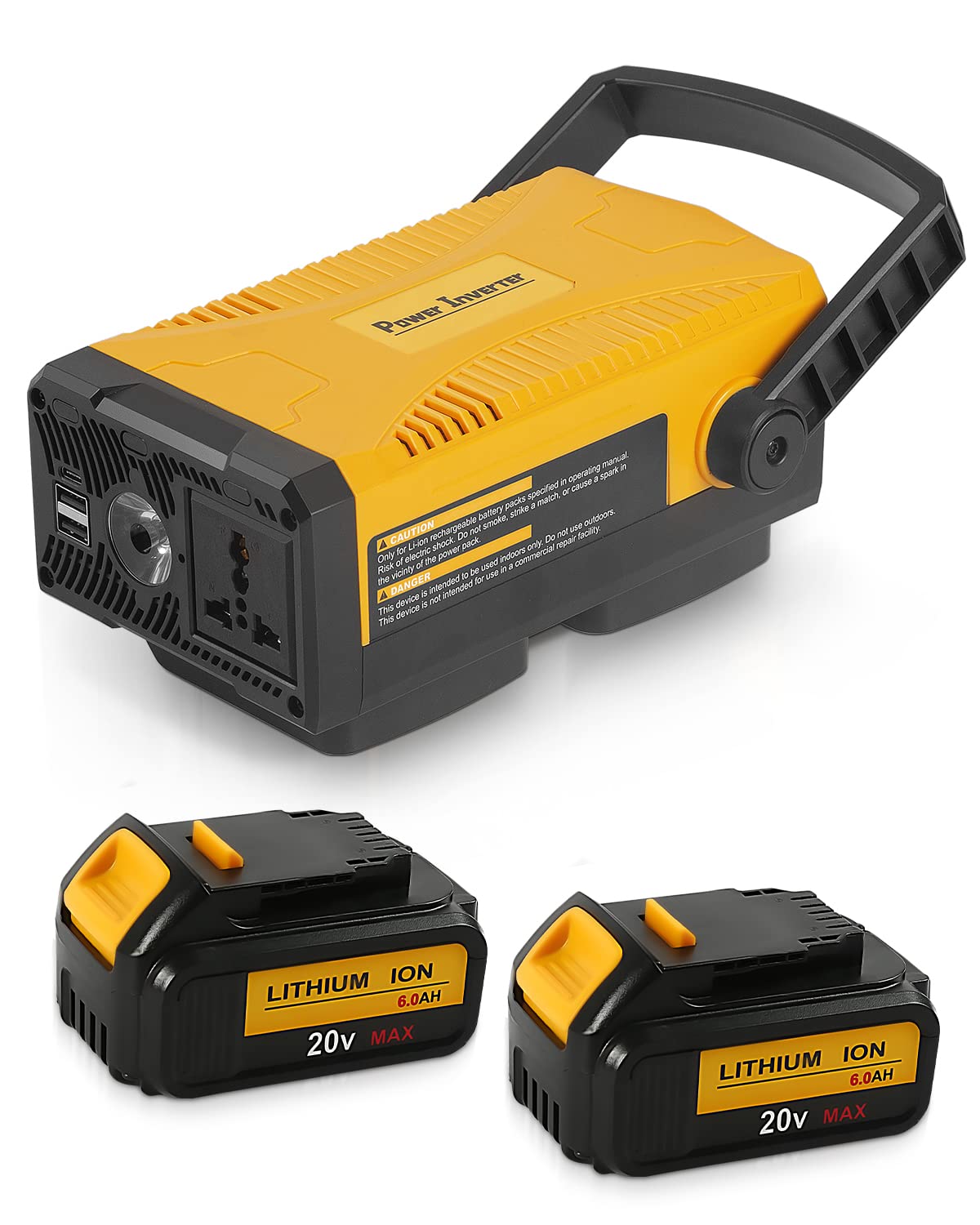 Amityke Upgrade 300W Portable Power Supply Inverter Compatible with 2 Pack 20V Battery 6.0A, DC 20V to AC 110V~120V Modified Sine Wave Power Inverter with AC Outlet and Dual USB Yellow