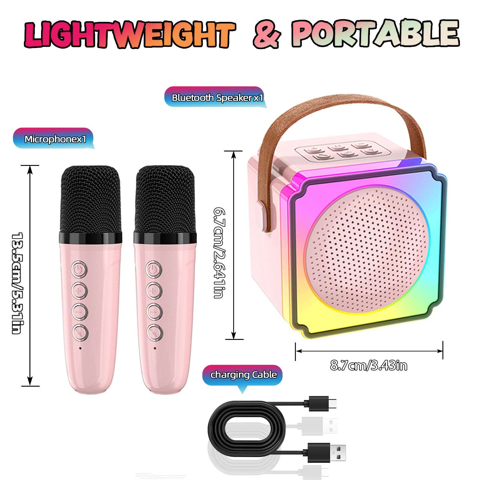 EFAILY Karaoke Machine for Kids, Christmas Birthday Gifts Toys Portable Bluetooth Speaker with 2 Wireless Microphones, Mini Karaoke Machine with LED Light for 4-12+ Years Old (Pink) 6
