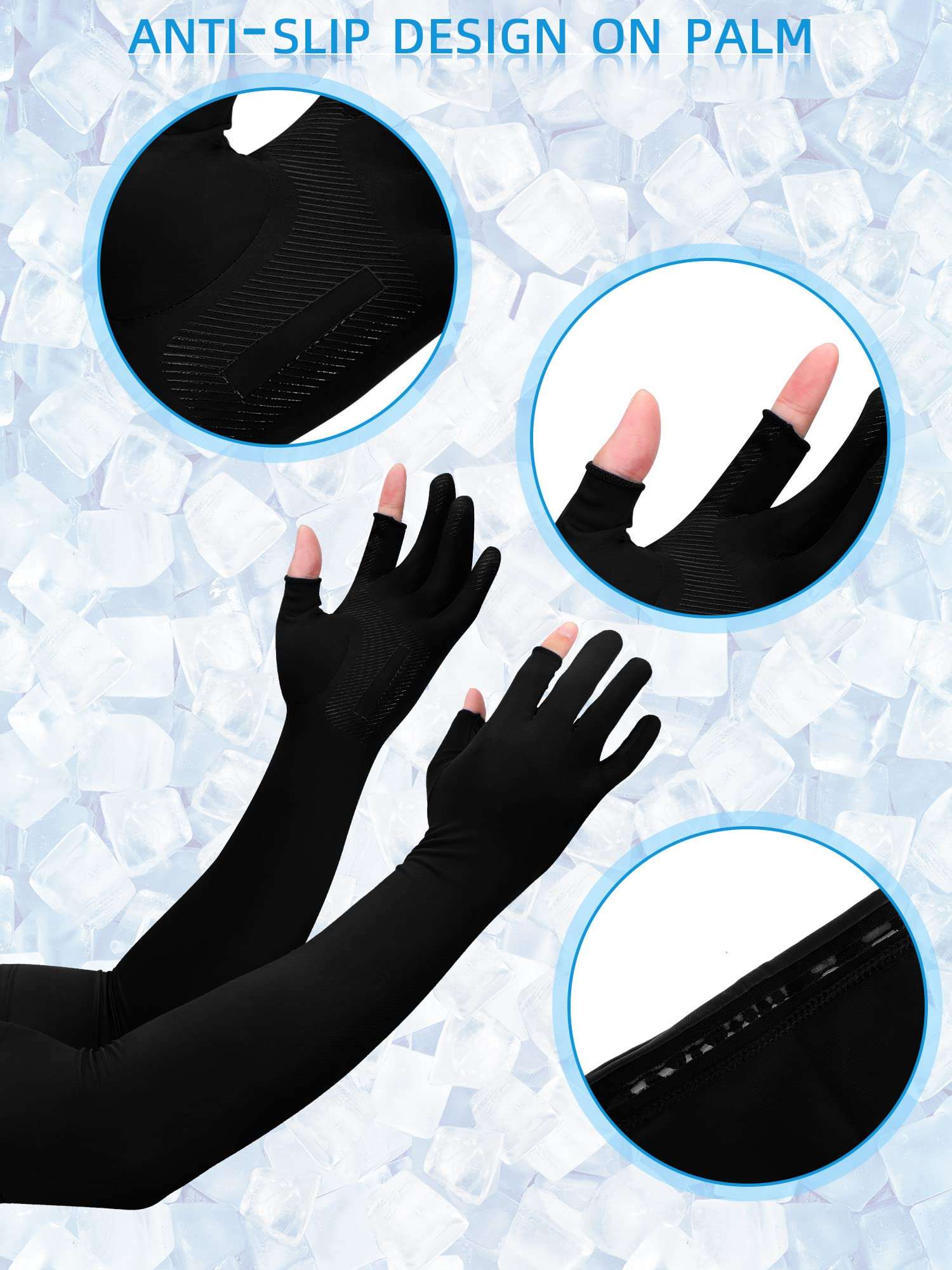 Bencailor 2 Pairs Sun Sleeves for Men Women with 2 Finger Holes Anti Slip Long Cooling Arm UV Protective Sleeves(Black, White) 4