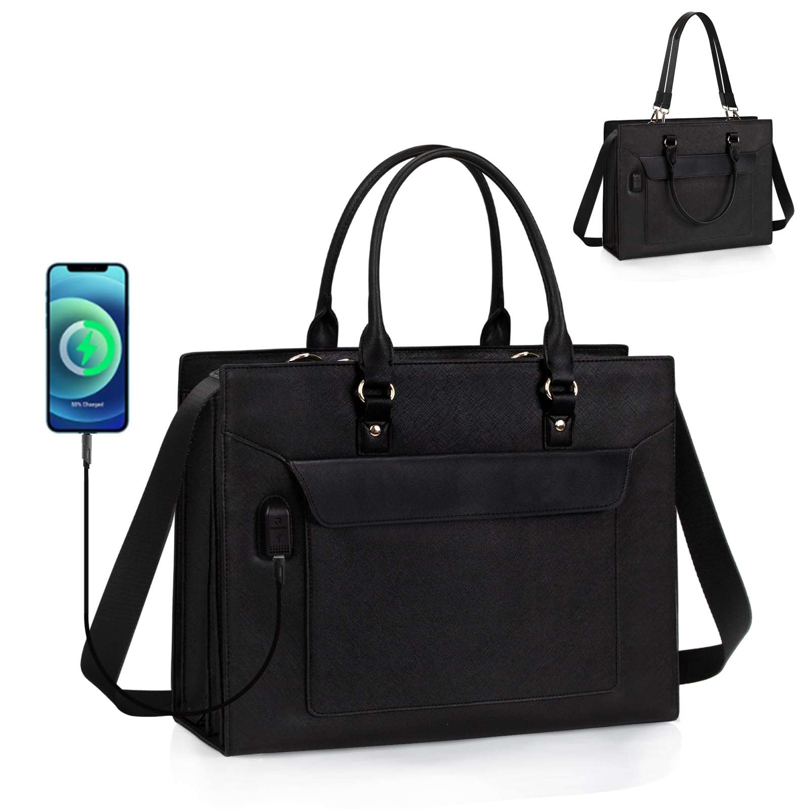 Laptop Bag for Women, 17 Inch Laptop Tote Bag, Leather Work Bags for Women, Large Capacity Laptop Briefcase Computer Tote Bag with USB Port, Business Office Bag Teacher Tote Bag Shoulder Bag 1