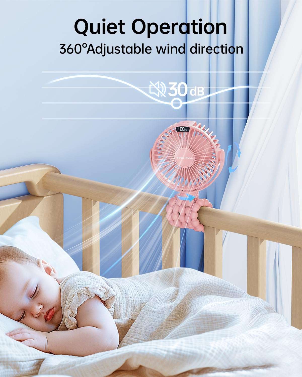 SWEETFULL Portable Stroller Fan with Display 4000mAh Battery Powered Mini Clip On Fan, 4-Speed Rechargeable Small Personal Cooling for Baby Car Seat Crib Travel - Pink 6