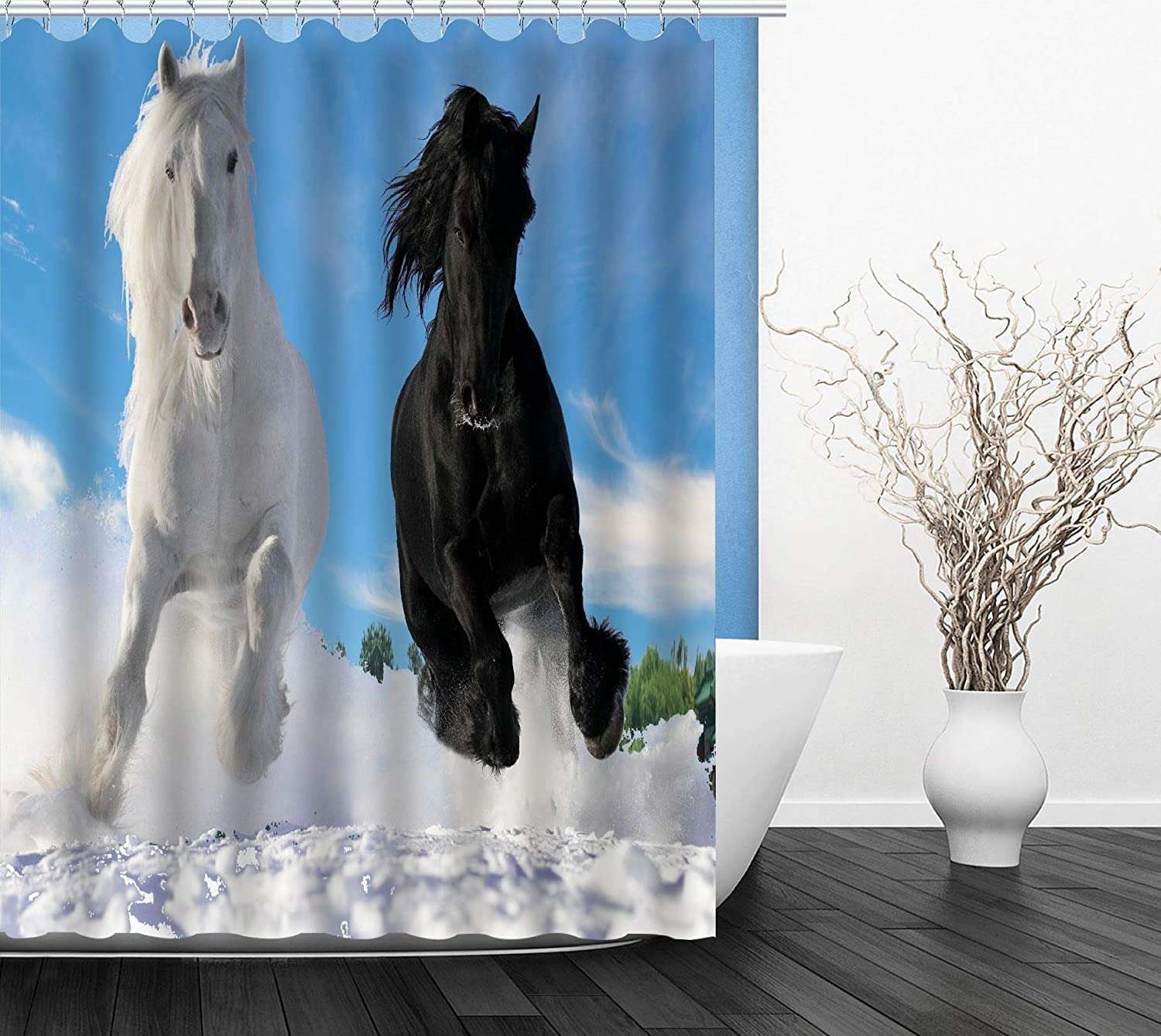 SNOOGG Beautiful Printed Shower Curtain Design Size : 60 x 72 Inch. Print Design : Horses Race Pattern 1
