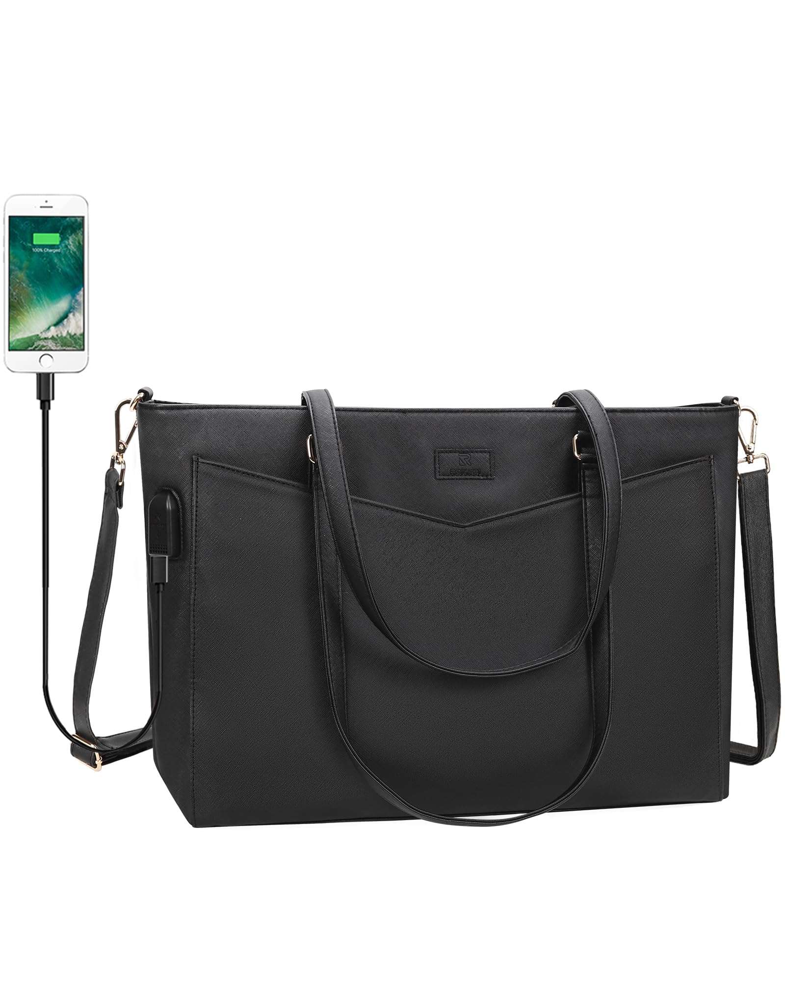 Laptop Tote Bag for Women 17.3 Inch Laptop Bag PU Leather Business Office Work Bag Briefcase with USB Waterproof Computer Tote Bag Large Handbag Satchel Shoulder Bag 1