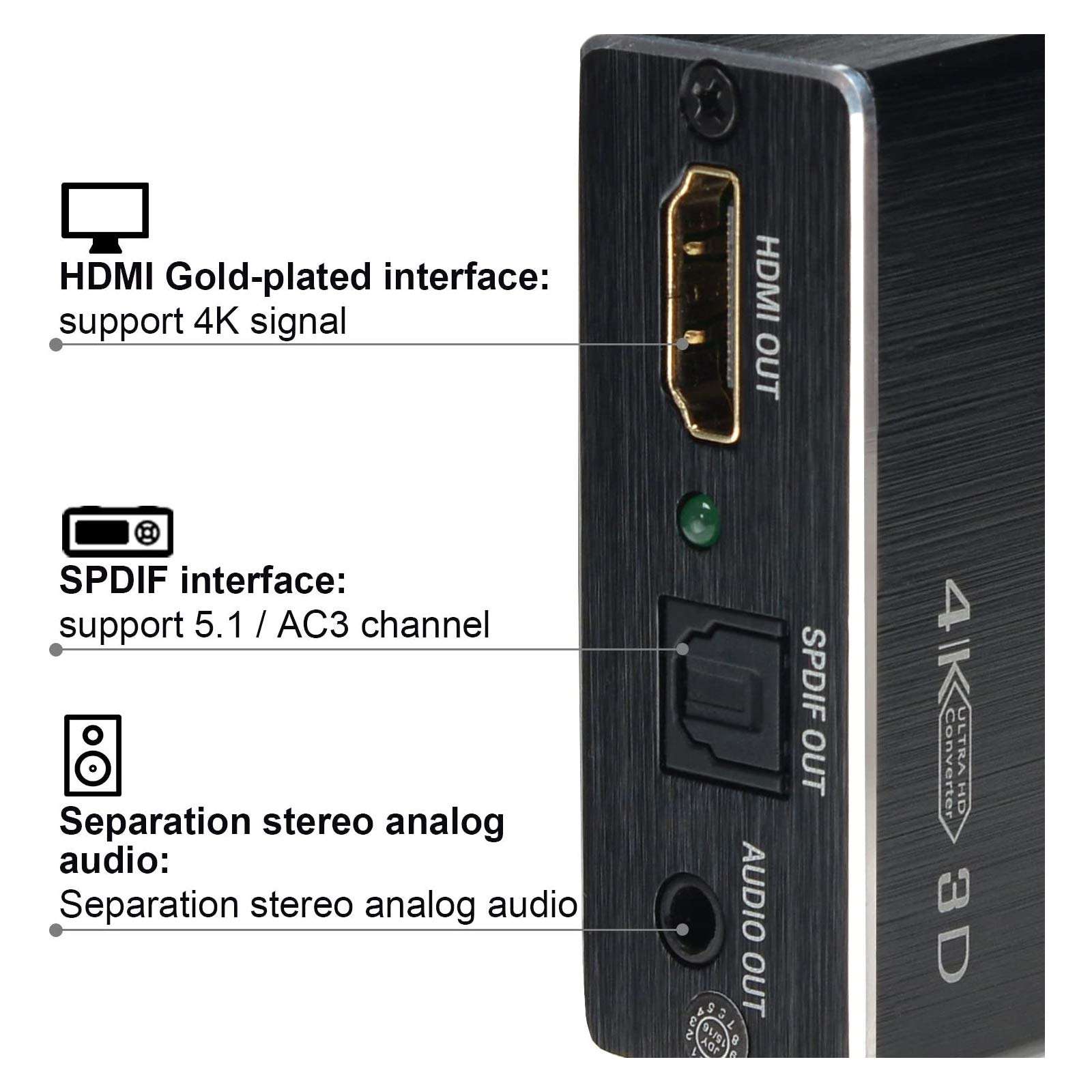 4K x 2K HDMI Audio Extractor Splitter, HDMI Audio Converter Adapter Support Ultra HD 4K Toslink Optical Audio Output and 3.5mm with Optical Fiber Cable 4