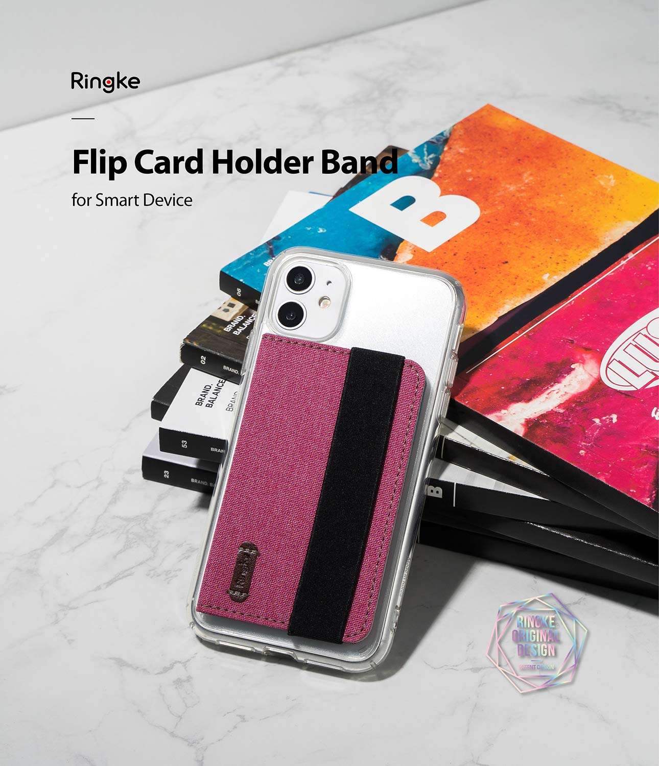 Ringke Flip Card Holder Faux Saffiano Leather with Elastic Hand Strap Multi-Card Slot Wallet Credit Card Cash Holder Attachment Compatible with Most Smartphones, Android and More - Chic Black 2