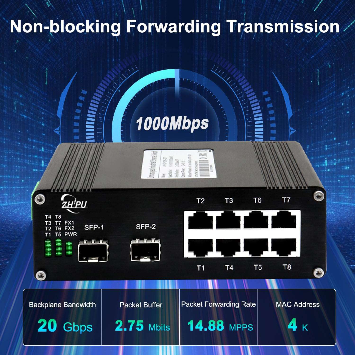 Industrial 8 Port Gigabit 30W PoE Switch with 20Gbps Bandwidth, 8 PoE Port 10/100/1000Mbps, 2 SFP Port, 802.3af/at Ethernet Switch, IP40 Al case, Din Rail or Desktop 3