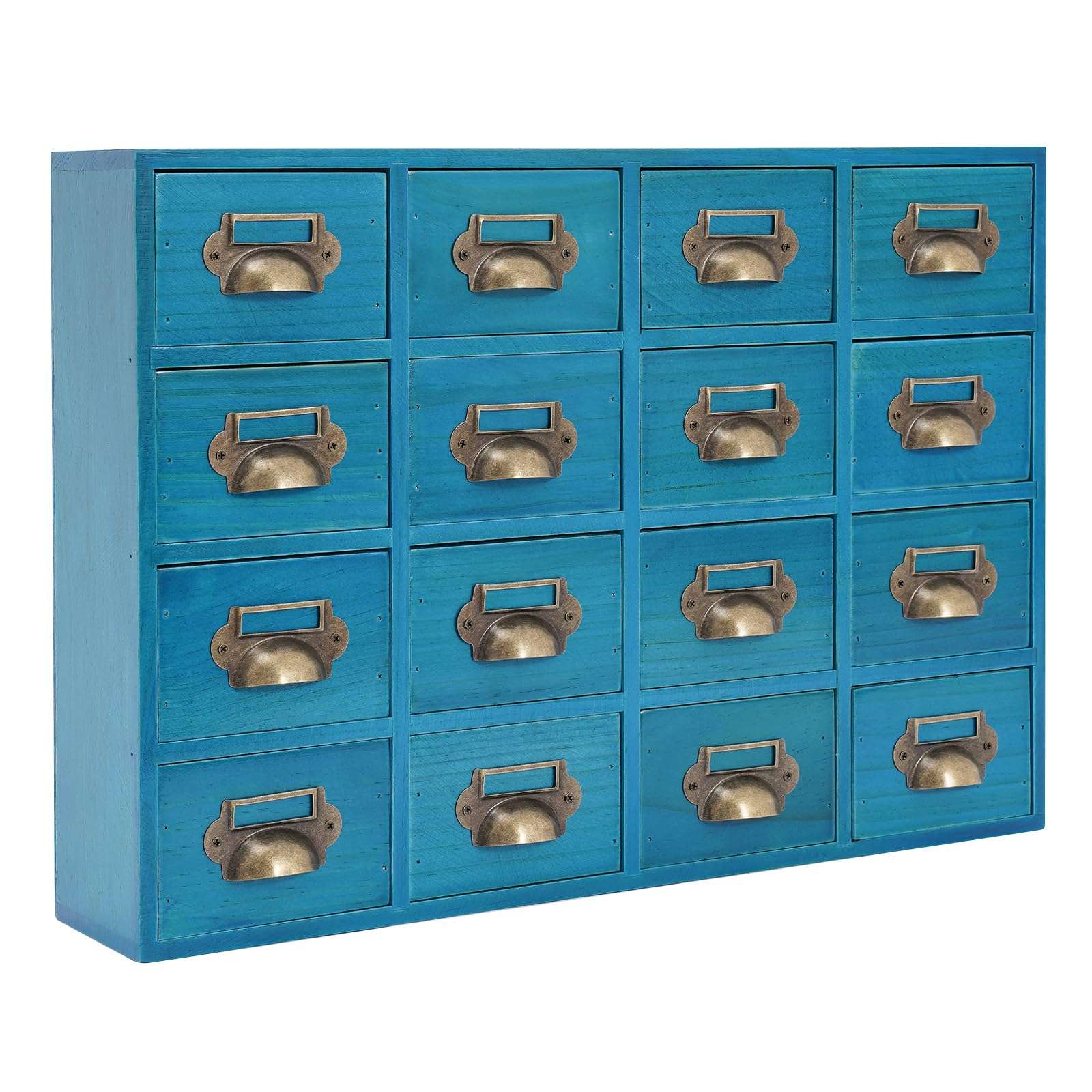 16-Drawer Wood Desk Organizer, Desktop Drawer Tabletop Storage Organization Box with Label Slot for Home Office Boutiques Pharmacies, No Assembly Required, 19.69 * 3.94 * 13.78in (Blue) 1