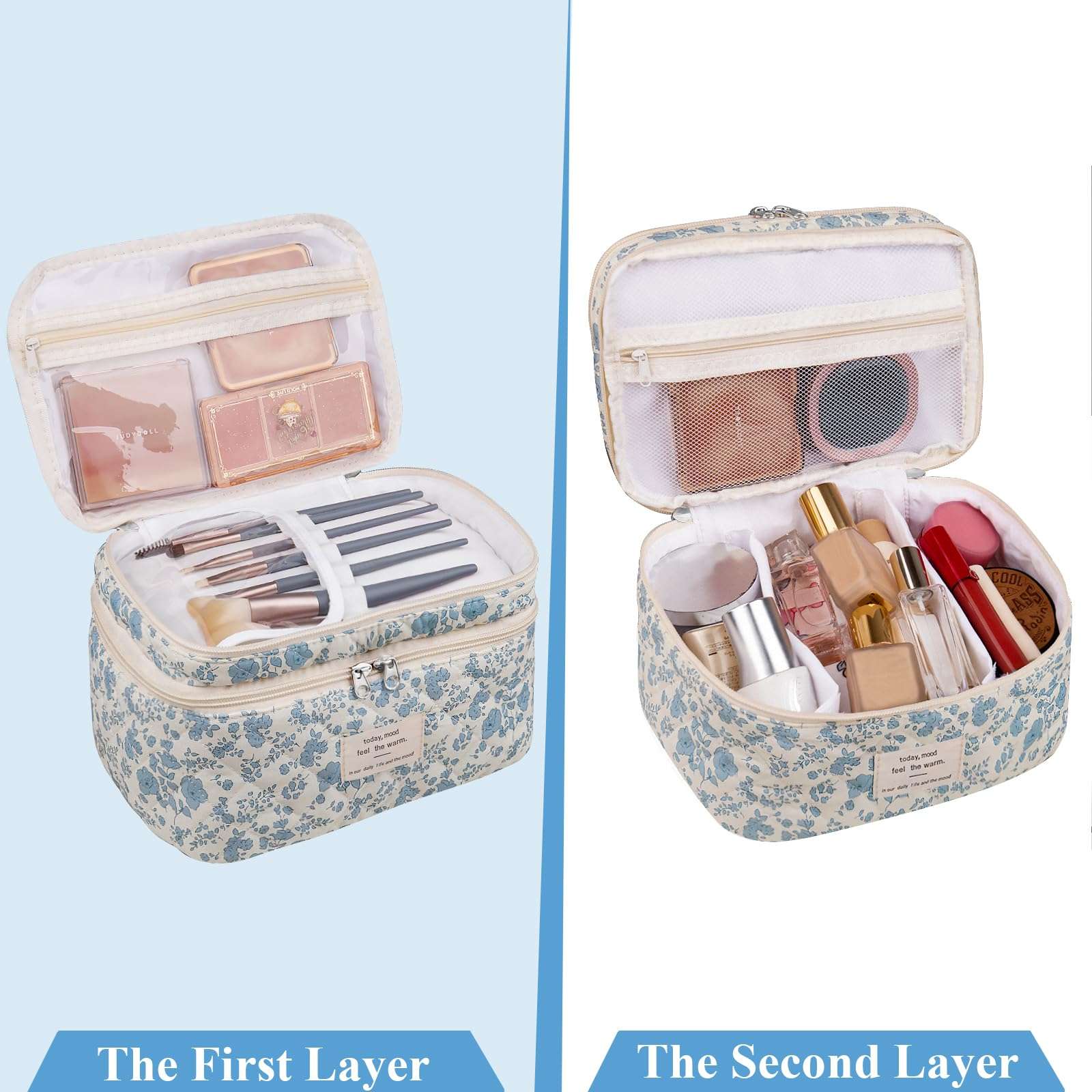 Makeup bag, Large Cosmetic Bag for Women Girls, Cute Quilted Makeup Bags, Floral Coquette Aesthetic Toiletry Bag, Travel Make Up Organizer Bag (Blue Flowers) 4