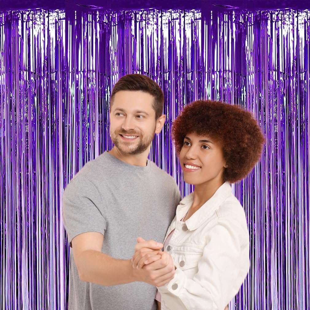 Mardi Gras Carnival Decorations Purple Foil Fringe Curtains, 4PCS 3.28x 8.2FT Tinsel Door Curtains Purple Fringe Backdrop for Wedding Birthday Disco Euphoria Party 6
