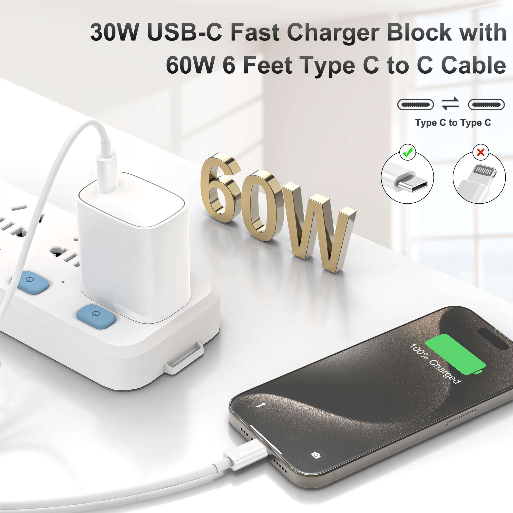 KTDRJN USB C to USB C Fast Charging Cable 60W,6 Feet Type C to Type C Cord with 30W USB C Charger for New ipad Pro 12.9/11, Air 4/5, Mini 6, MacBook Air, (White) 3