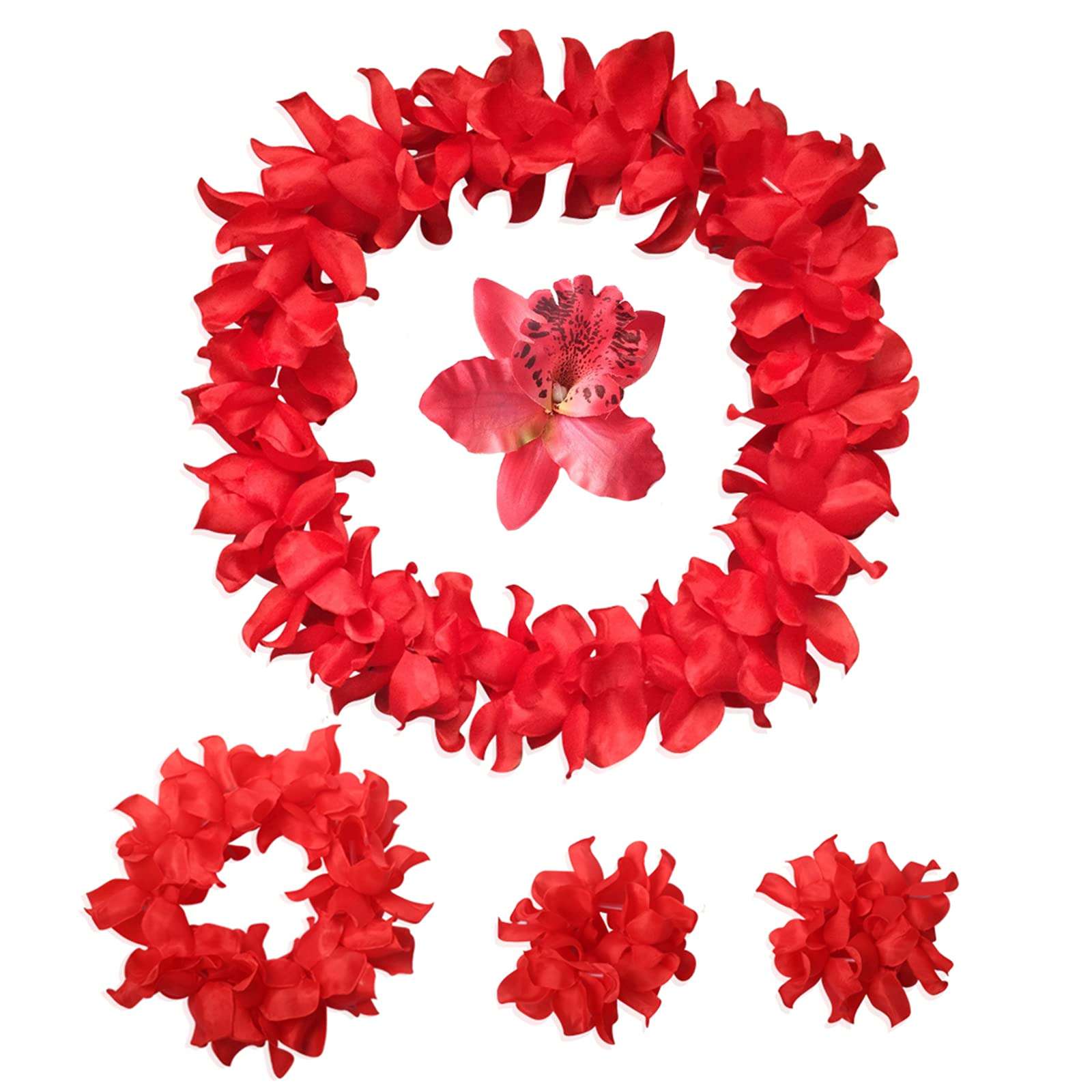 Hawaiian Leis Headband Wristbands Flower Hair Clips Luau Tropical Women Necklace Headpiece Hair Bands Hairband Bracelets Summer Beach Pool Cosplay Dress Up Birthday Party Decorations Supplies Red 1