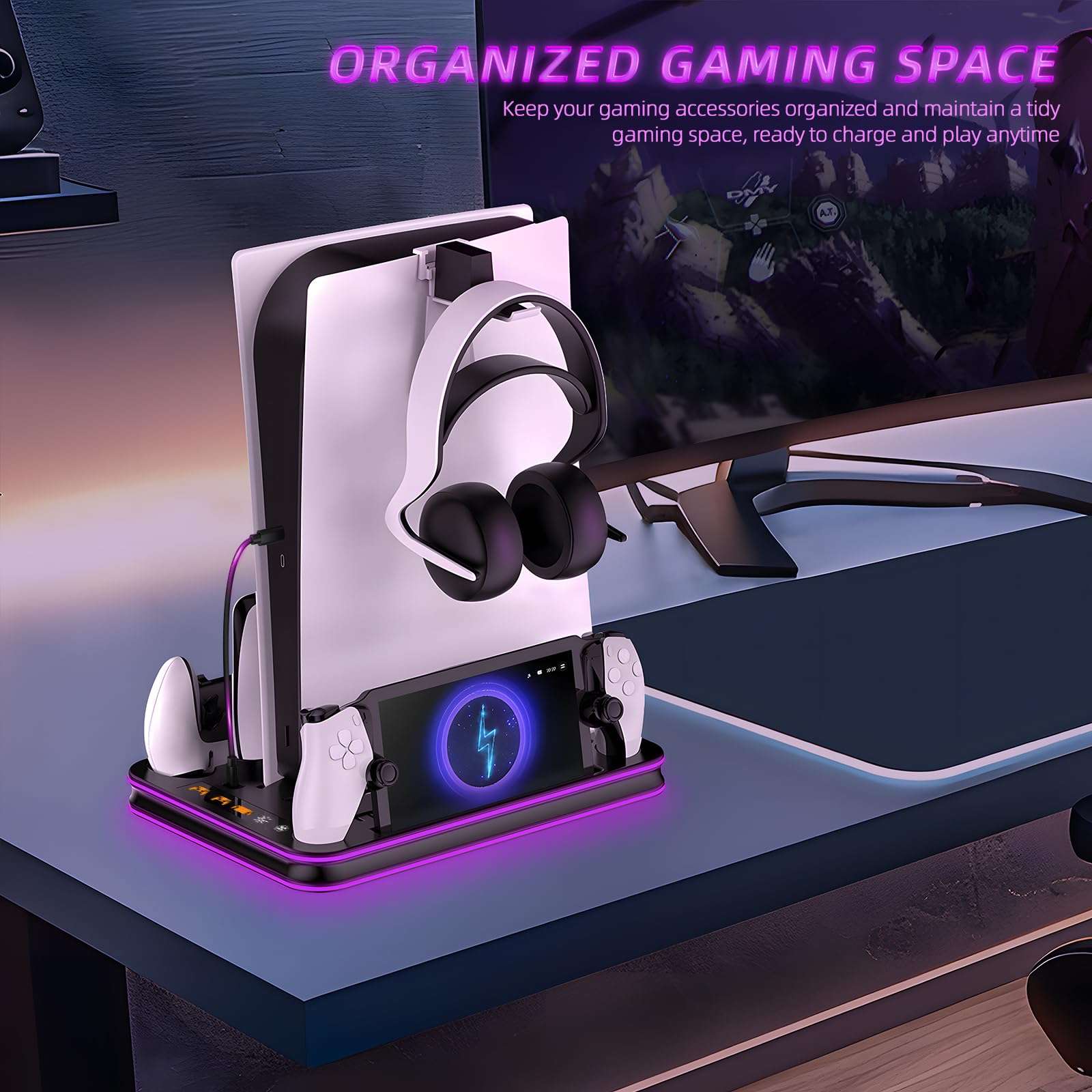 PS5 Slim Stand and Cooling Station with dahs LED Controller Charging Station for PlayStation PS 5,Blacdaghs kLighting 5