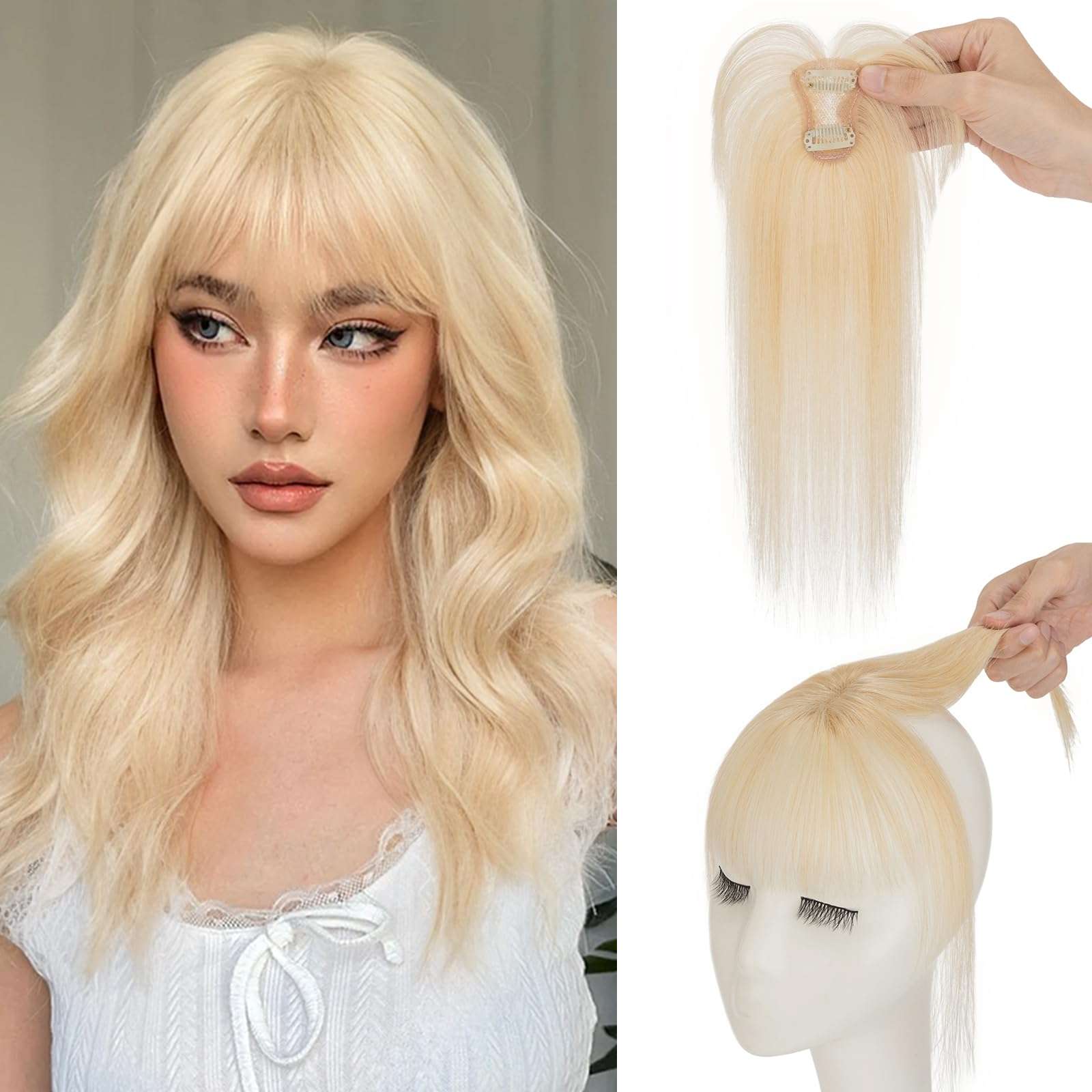 S-noilite Bangs Hair Clip,360° 3D Cover Real Clip in Bangs Human Hair Toppers for Women With Wispy Bang Daily Wear Bleach Blonde 1
