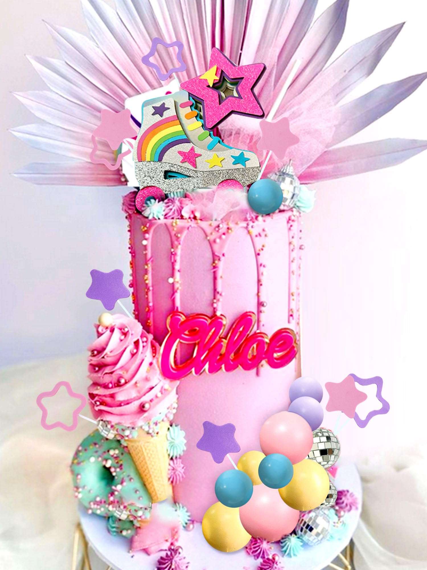 JeVenis Luxury Roller Skate Cake Topper Roller Skate Cake Decorations 80s Cake Topper Disco Ball Cake Decorations 90 Cake Topper Girl Cake Topper Roller Skating Party Supplies 4