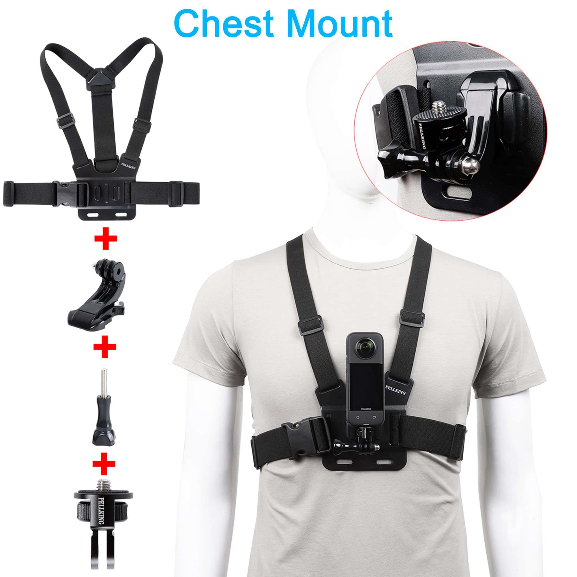 PellKing Accessories Kit for Insta360 ONE GO 3 X3 X2 X RS R, 4in1 Chest Strap Mount Harness/Head Mount/Neck Holder/Backpack Strap Mount for GoPro DJI Action Camera 3