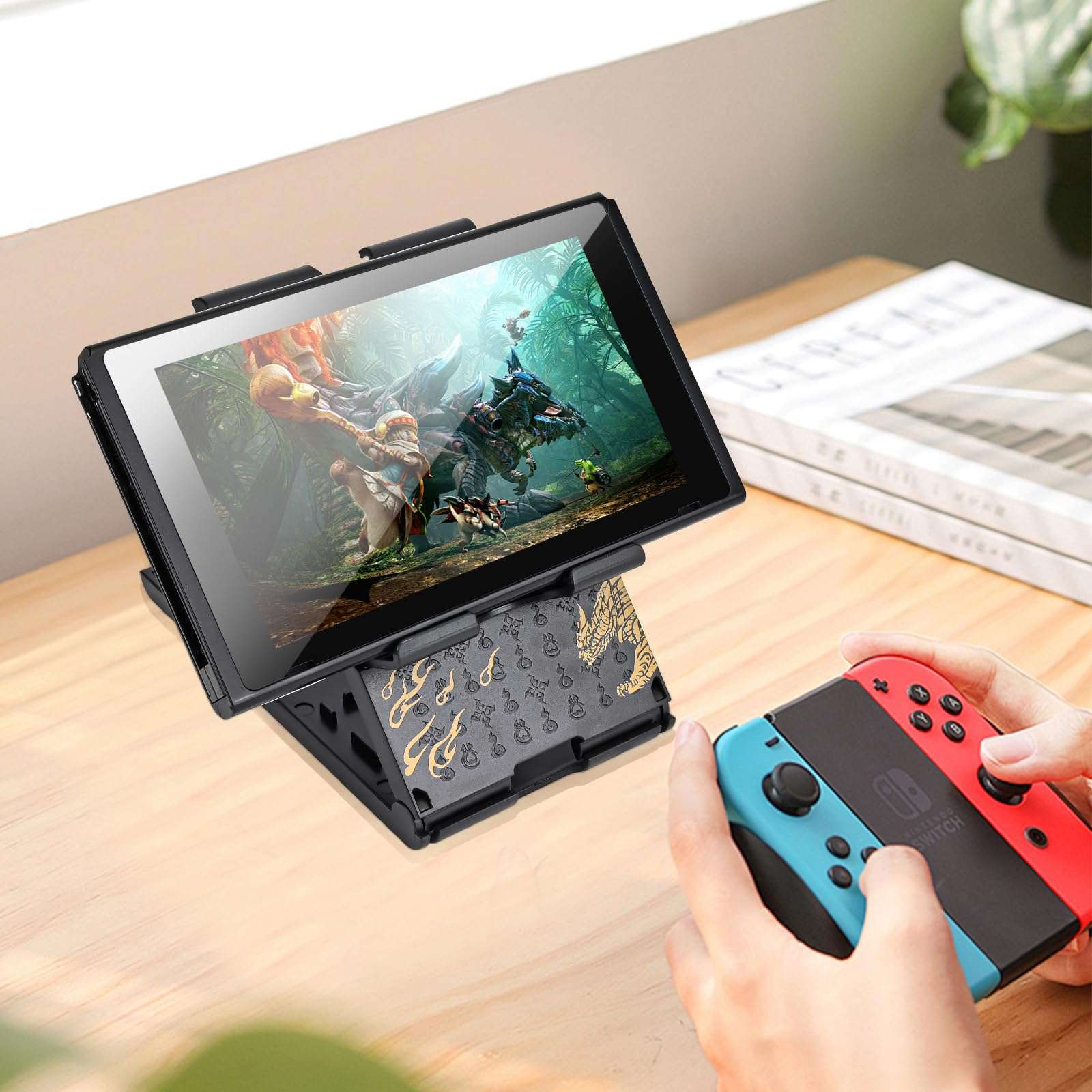 DLseego Switch Stand Suitable for Switch/Switch OLED/Switch Lite, Cute Cool Analog Angle Adjustable Holder Kickstand, Portable Foldable Non-Slip Non-Shake Anime Bracket - Black Gold 6