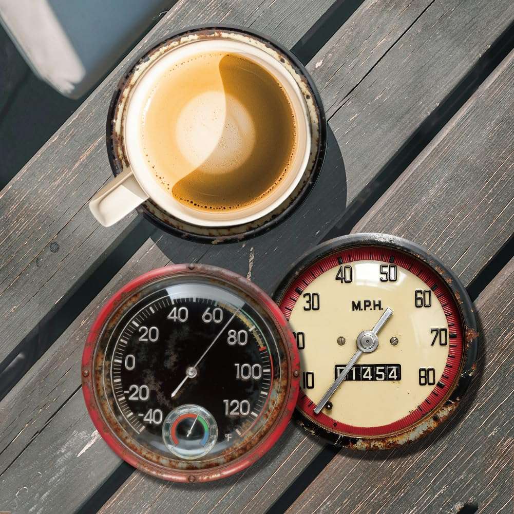 ANATTASOUL Coasters Set of 9 Retro Dashboard Pattern Colorful Wooden Coasters Bulk Round Housewarming Gift for New Home, 3.9" Decorative Coffee Table Protection for Farmhouse Bar House Decor 3