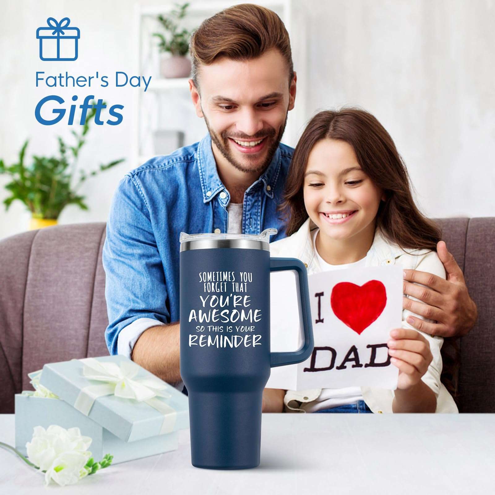 NOWWISH Inspirational Gifts for Men, Sometimes You Forget You're Awesome 40 oz Tumbler with Handle and Straw, Birthday Gifts for Him Husband Dad and Boyfriend - Navy Blue 6