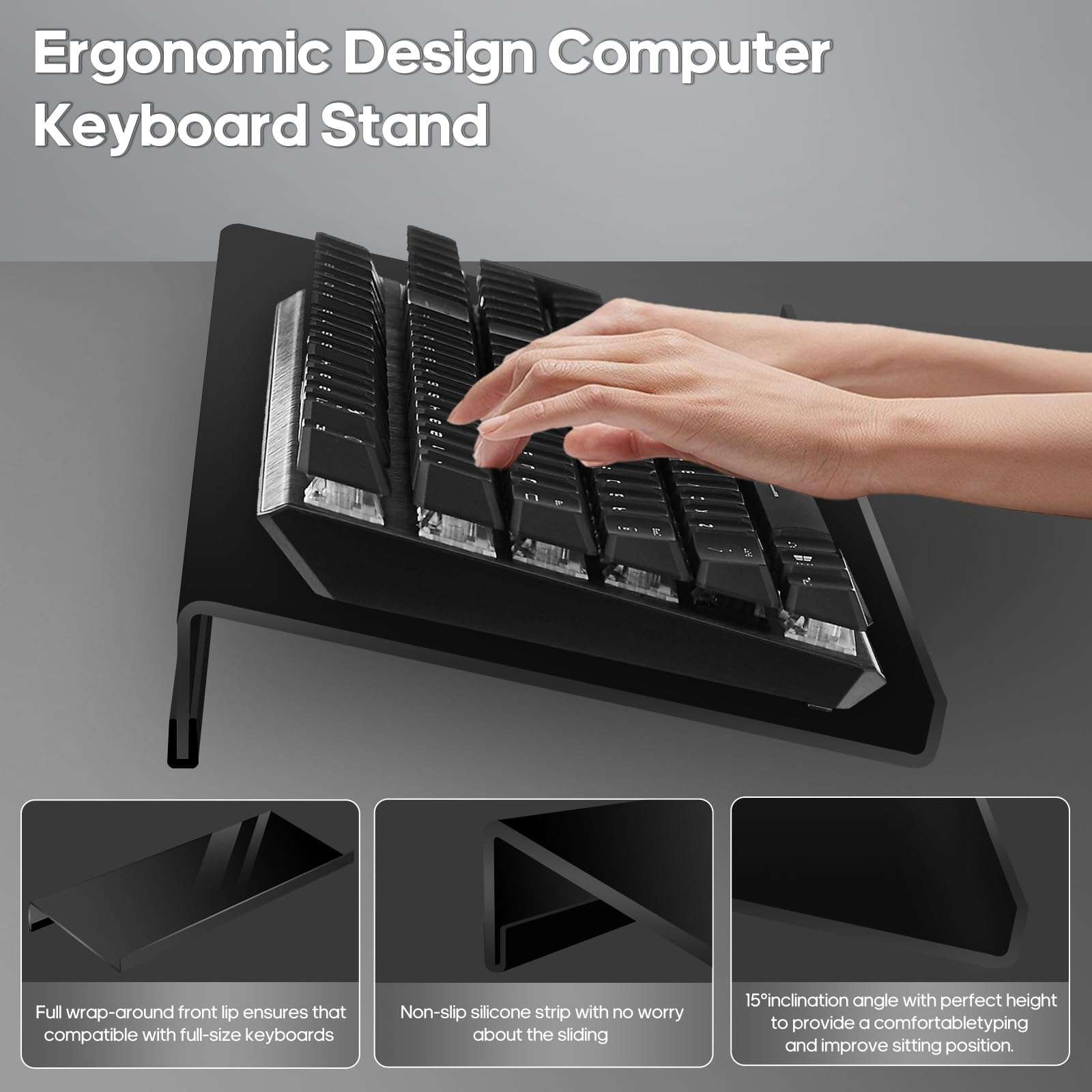 Computer Keyboard Stand and Wrist Rest, Raipeu Ergonomic Keyboard Riser with Wrist Pad, Acrylic Tilted Keyboard Holder for Desktop Fits All Keyboard Sizes (Black) 2