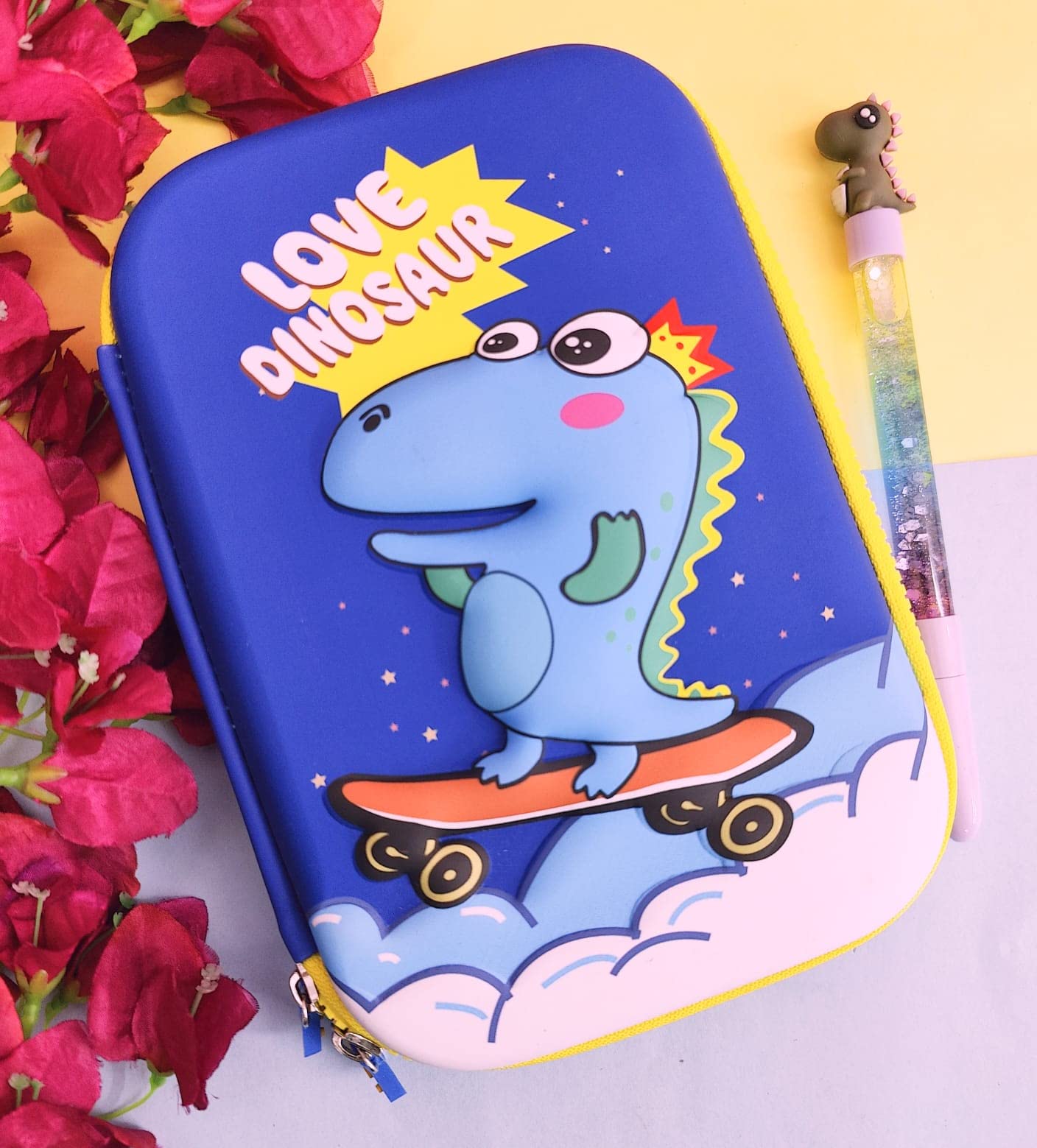 Tera 13 EVA Baby Dinosaur Hardtop Pencil Case with Multiple Compartments - Kids School Supply Dinosaur Pen Students Stationery Box - Girls Pen Pouch (Dinosaur Pencil case pop it Pen 2 Piece)
