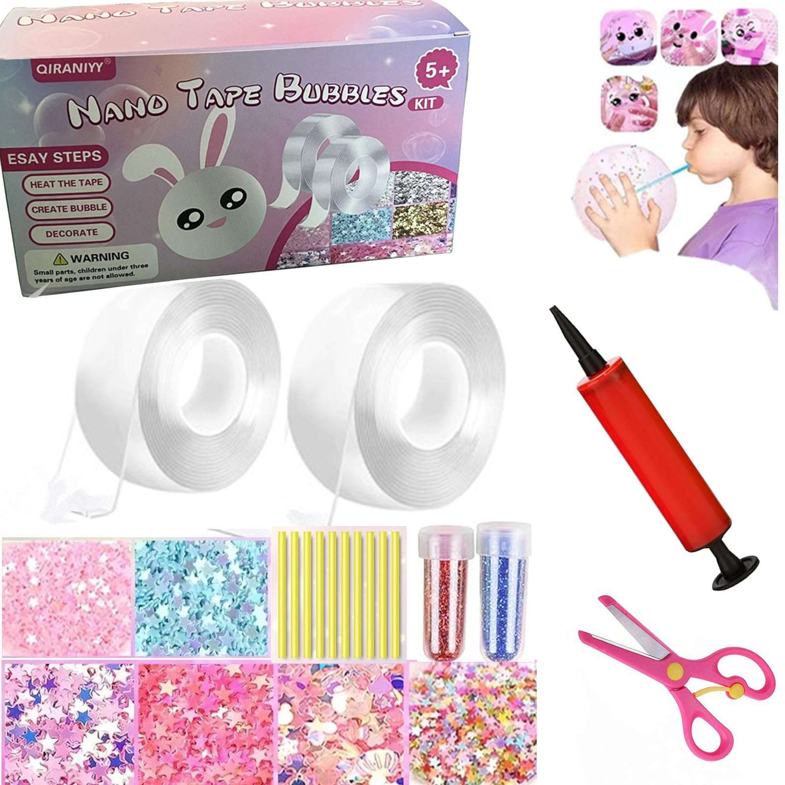 QIRANIYY Nano Tape Bubble Kit Nano Double Sided Adhesive Tape Bubbles Plastic Bubble DIY Craft Kit, Nano Tape Bubble Kit for Kids, Girls, Boys, 9.84Ft×2Pcs Clear Nano Tape DIY Kit 1