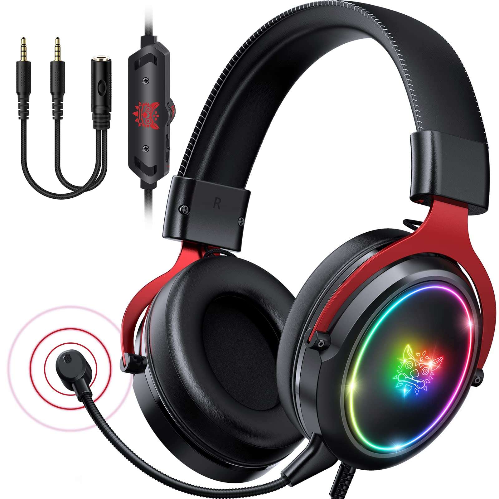 Ajsaki PS5 Gaming Headset with Microphone, PC Headset with Detachable Mic, Noise Cancelling Over-Ear Gaming Headphones with RGB LED Light, 7.1 Surround Sound for Nintendo Xbox One PS4 PS5 (Red) 1