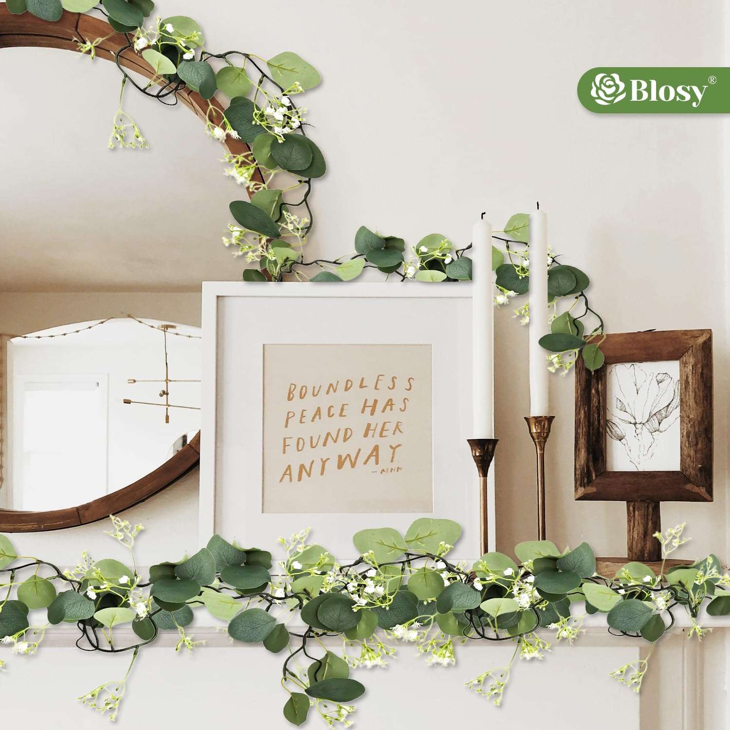 BLOSY 2 Pack Fake Vines with Eucalyptus Leaf & Flower, Artificial Ivy Garland for Room Decor, Green Flowers Hanging Plants Faux Greenery Leaves Bedroom Aesthetic for Home Garden Wall Wedding 3