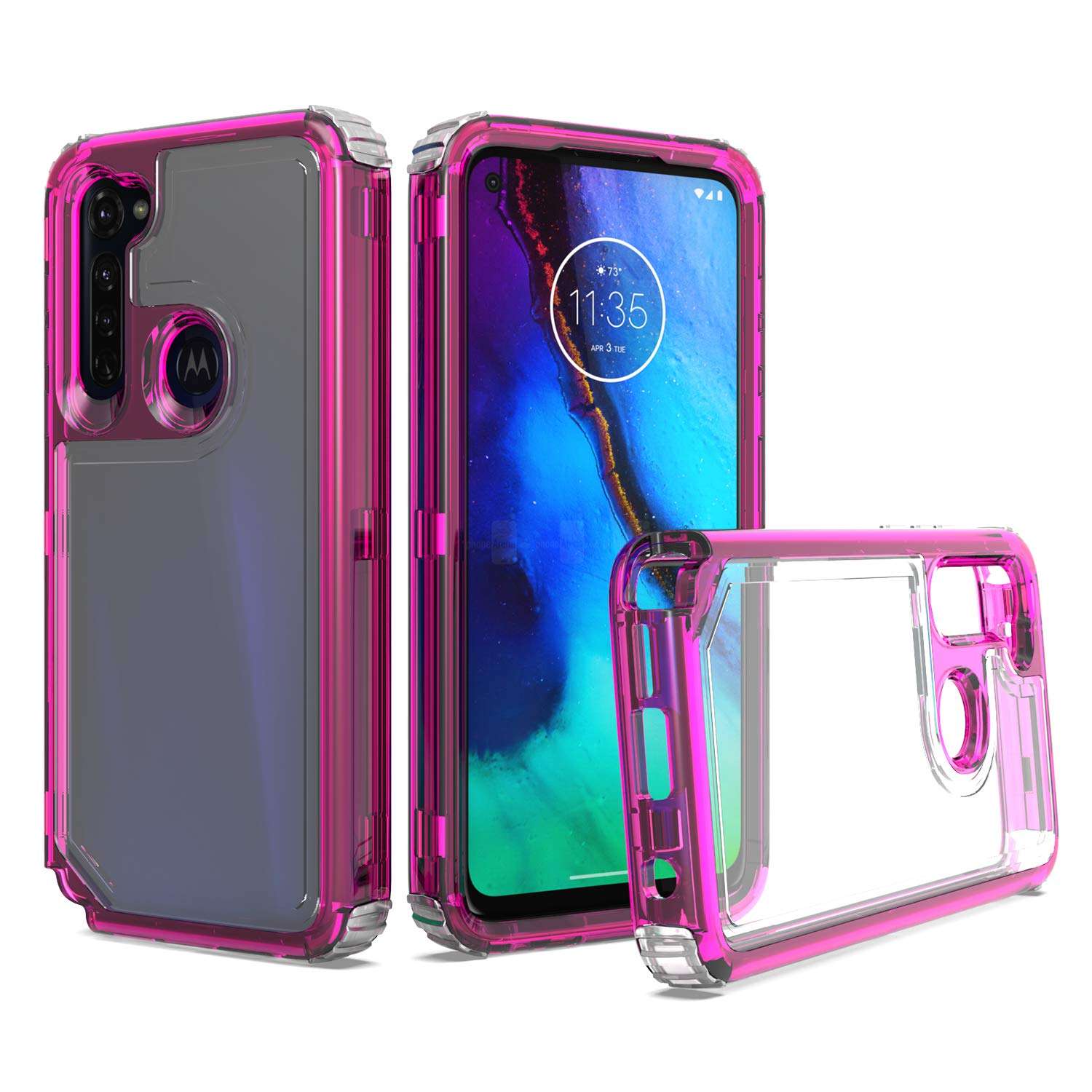 UNC Pro 3 in 1 Cell Phone Case for Motorola Moto G Stylus 2020 Released, Heavy Duty Full Edge Protection Hybrid Shockproof Bumper Case Cover for Women Girls, Clear Hot Pink