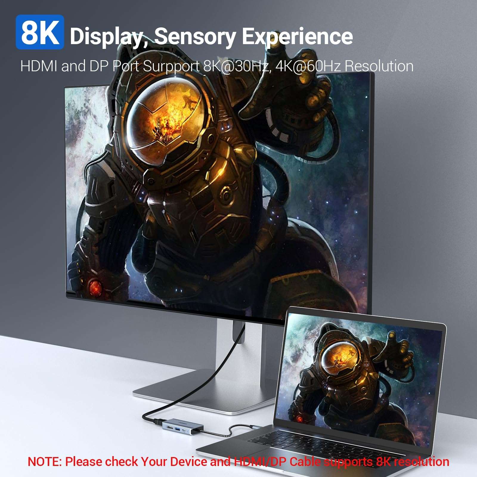 Tymyp USB C Hub, 4 in 1 USB C Hub, Dual Display 8K@30Hz HDMI 8K@30Hz DP, USB 3.0, 100W USB-C PD Charge Port 4 Port Dock Station for Laptop, HDTV, Projector, and Other Type C Devices 5