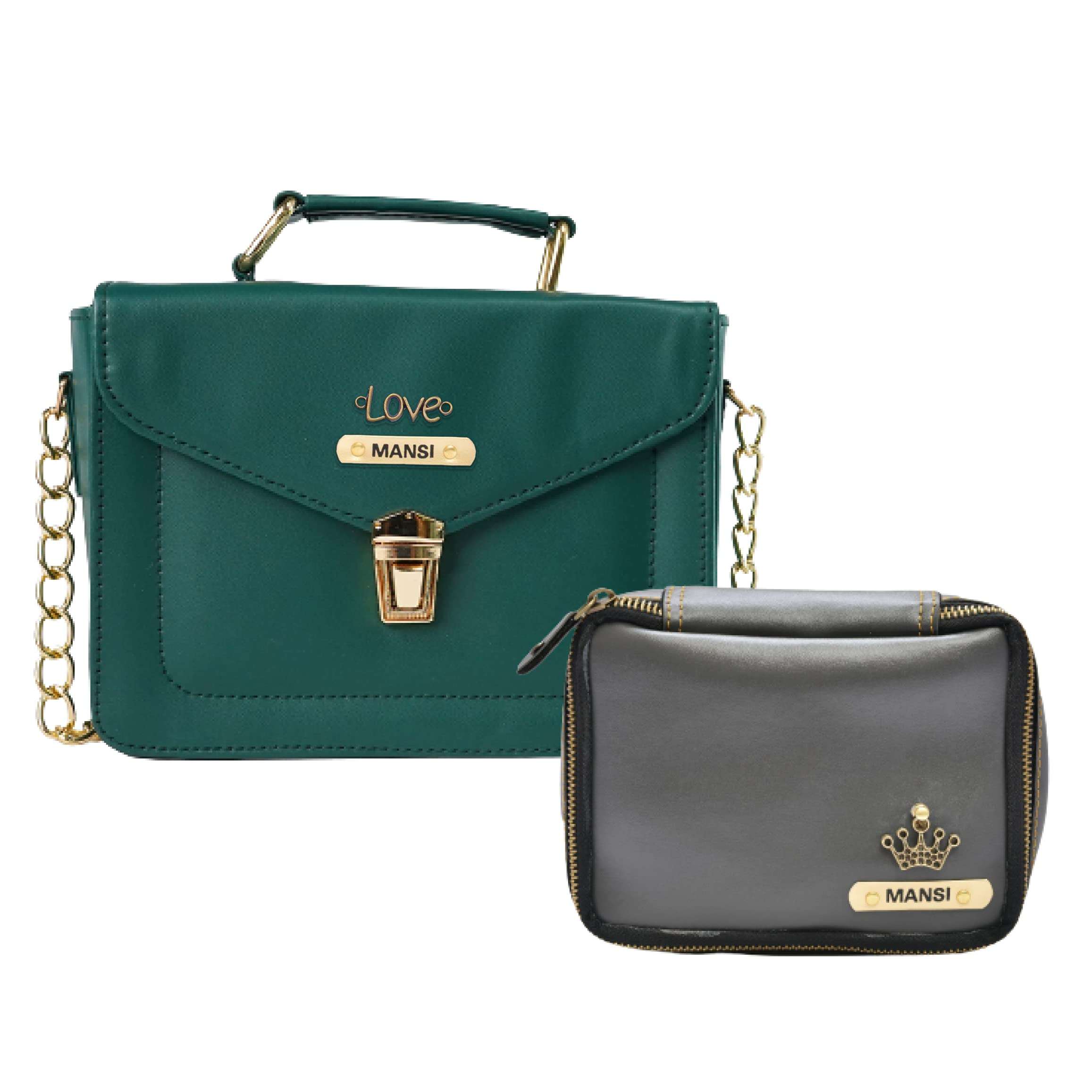Customized Women's Leather Bag (Buttoned) + Mini Make up kit-Green Grey 1