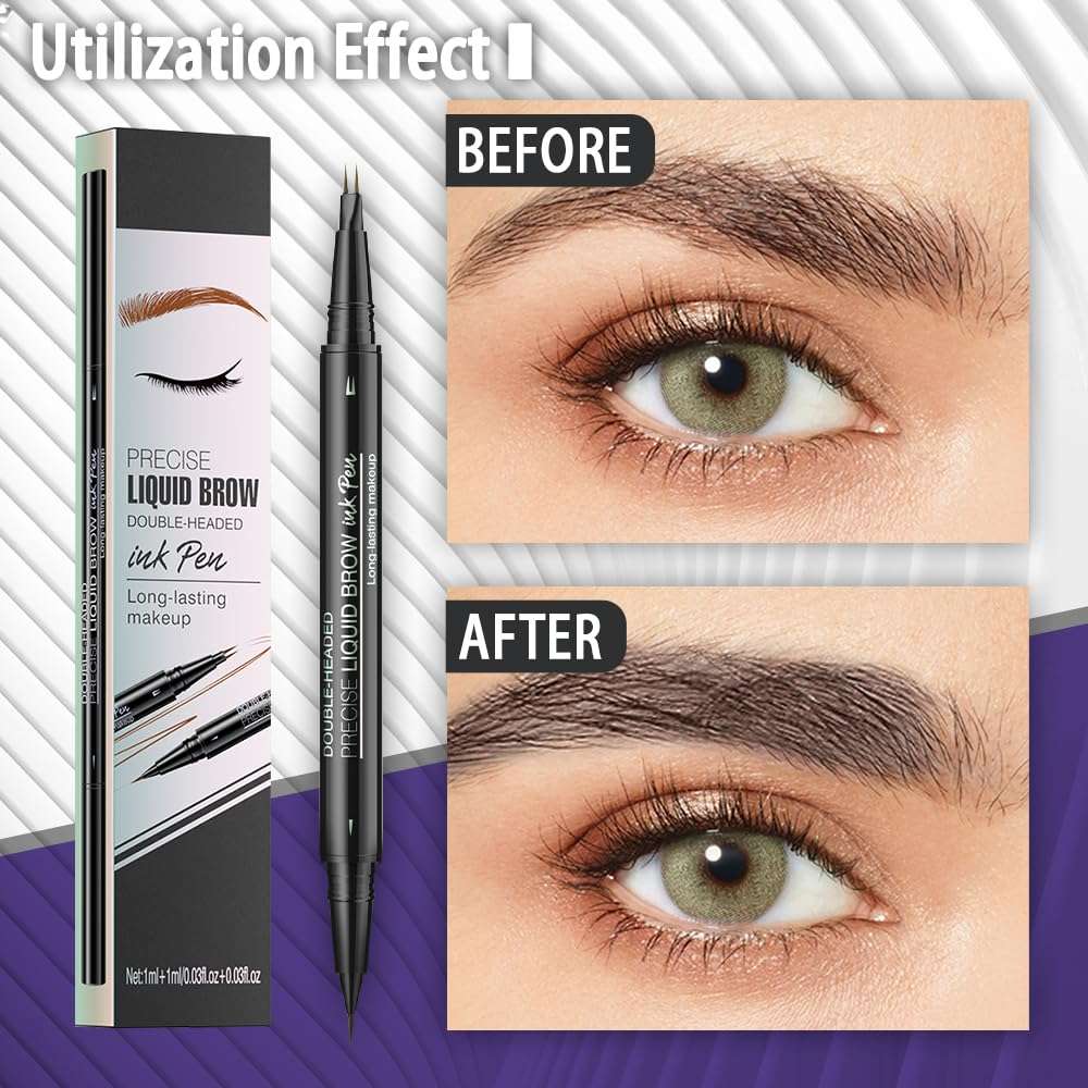 Pinkiou Microblading Eyebrow Pen, 2-In-1 Waterproof Eyebrow Pen, Dual-Ended Eyebrow Pen with 2-Fork-Tips and Precision Brush, Eyebrow Pen for Natural Hair-Like Brows, Long Lasting, Black Brown 3