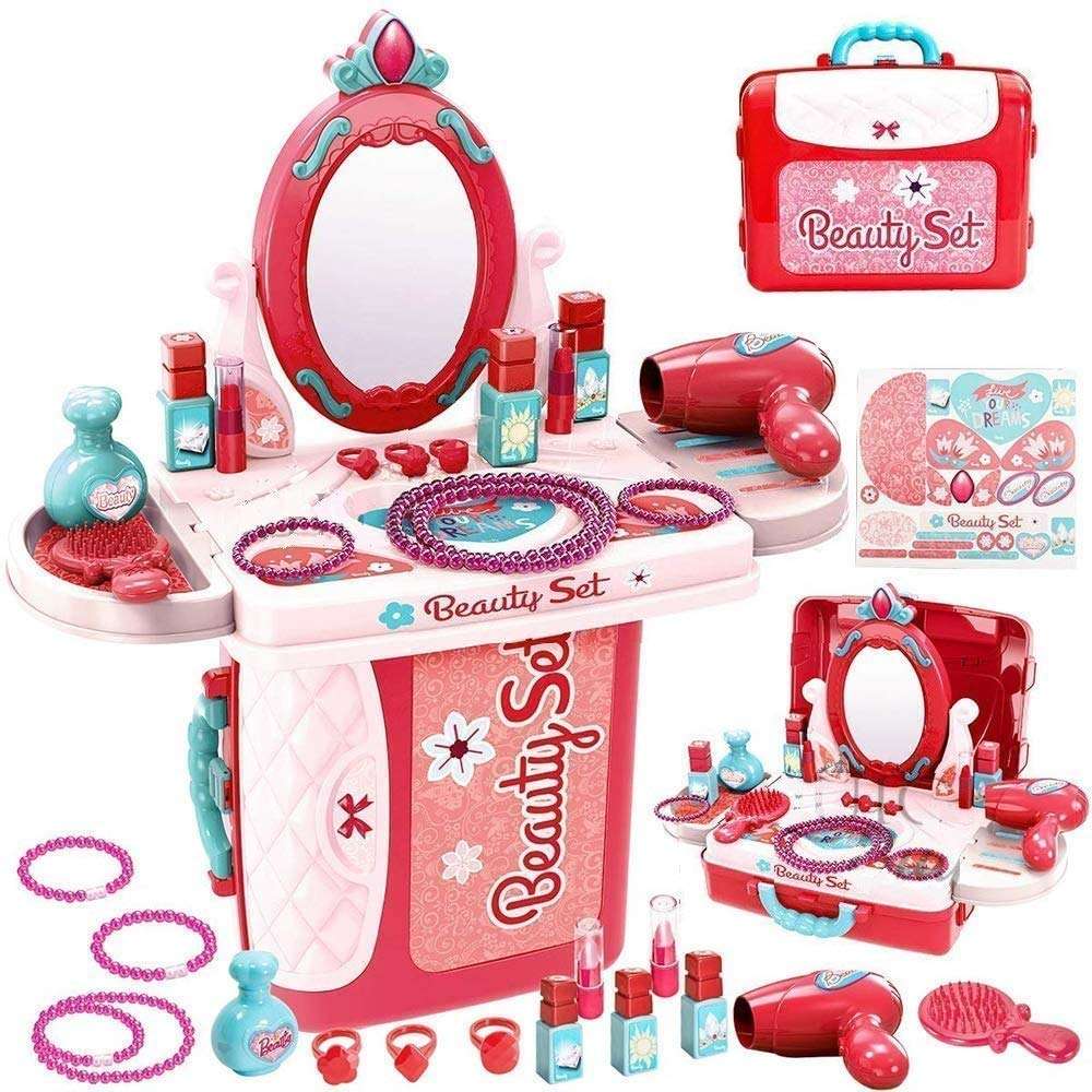 HS ENTERPRISE 3 In 1 Beauty Makeup Plastic Pretend Play Set Fashion Set Suitcase Toy, Gift For Girls 3-8 Year Old Kids, Multicolor 1