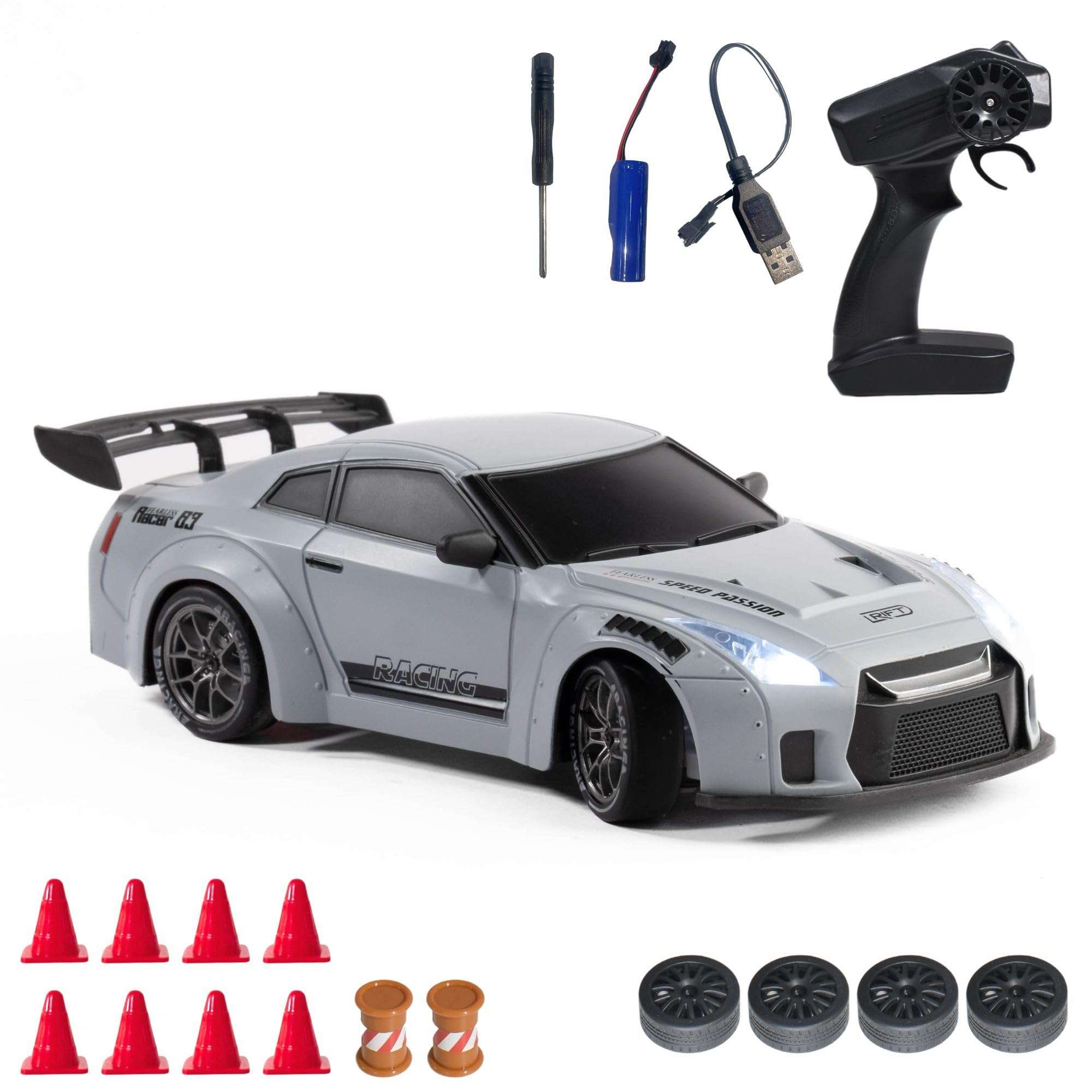 L.O.T TOYS Flare Remote Control Car | 20Kmph, 2.4Ghz | Rc Drifting Car, Rc Car, Birthday Gift, 4 Wheel Drive, Boost Mode, Long Range Remote, Hard Plastic Top with LED Head Light (Race Grey) 1