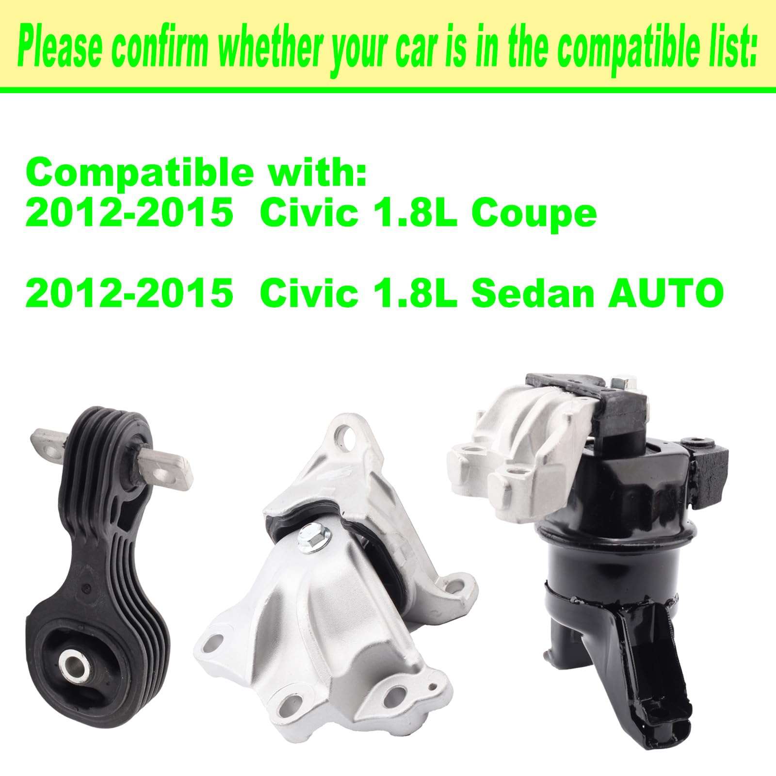 SHICHU Engine Motor Mount Compatible with 2012-2015 Civic 1.8L Coupe/Sedan Replacement for A65048 A65021 A65087 Set of 3 3