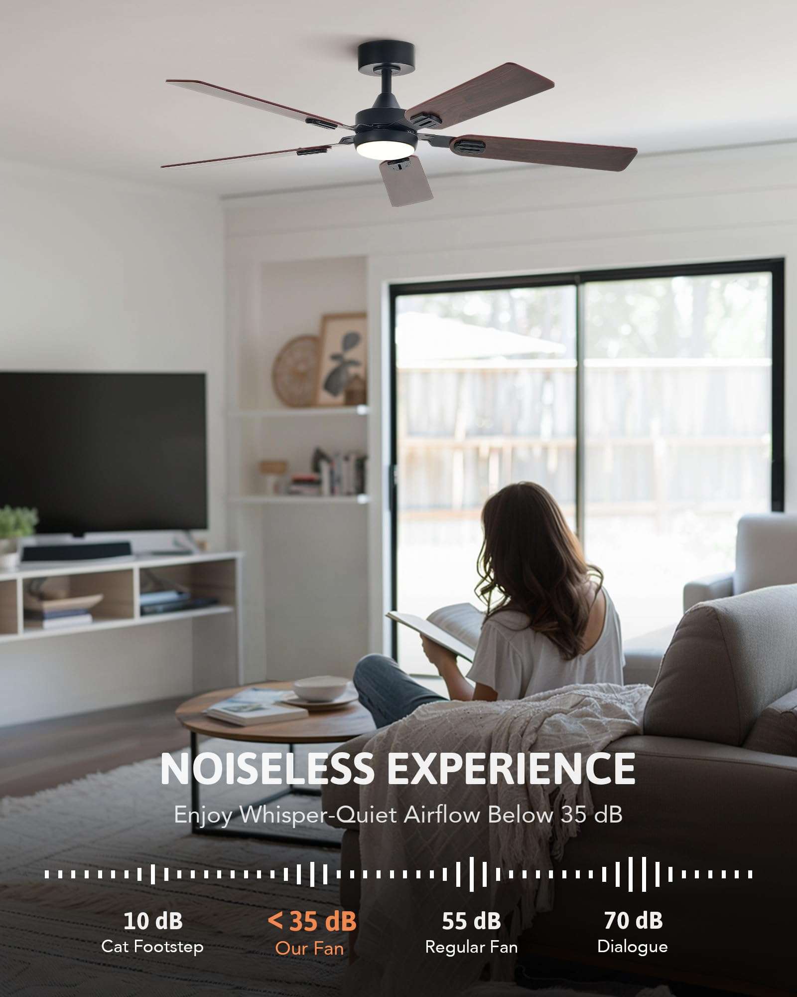 VONLUCE Ceiling Fans with Lights and Remote, 52" Ceiling Fan with 5 Blades, 6-Speeds Noiseless Reversible DC Motor for Farmhouse Bedroom Indoor, Walnut 5