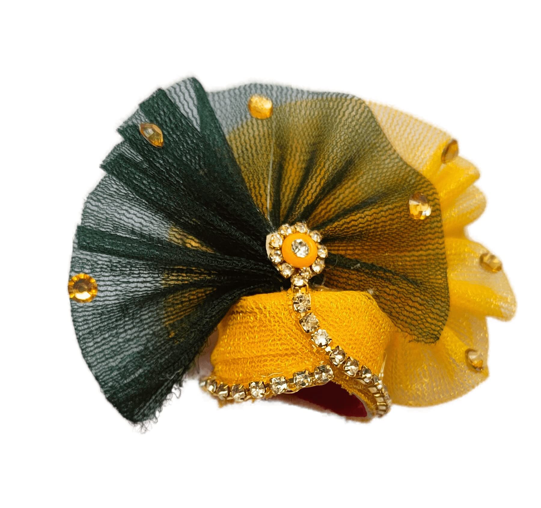 KRISHFEB Soft Fabric Laddu Gopal Net Mukut || Colorful Bal Gopal Kanha Ji/Thakur Ji Janmashtami Festival Designer Turban for Your Deity (Dark Green & Yellow, Size-04)