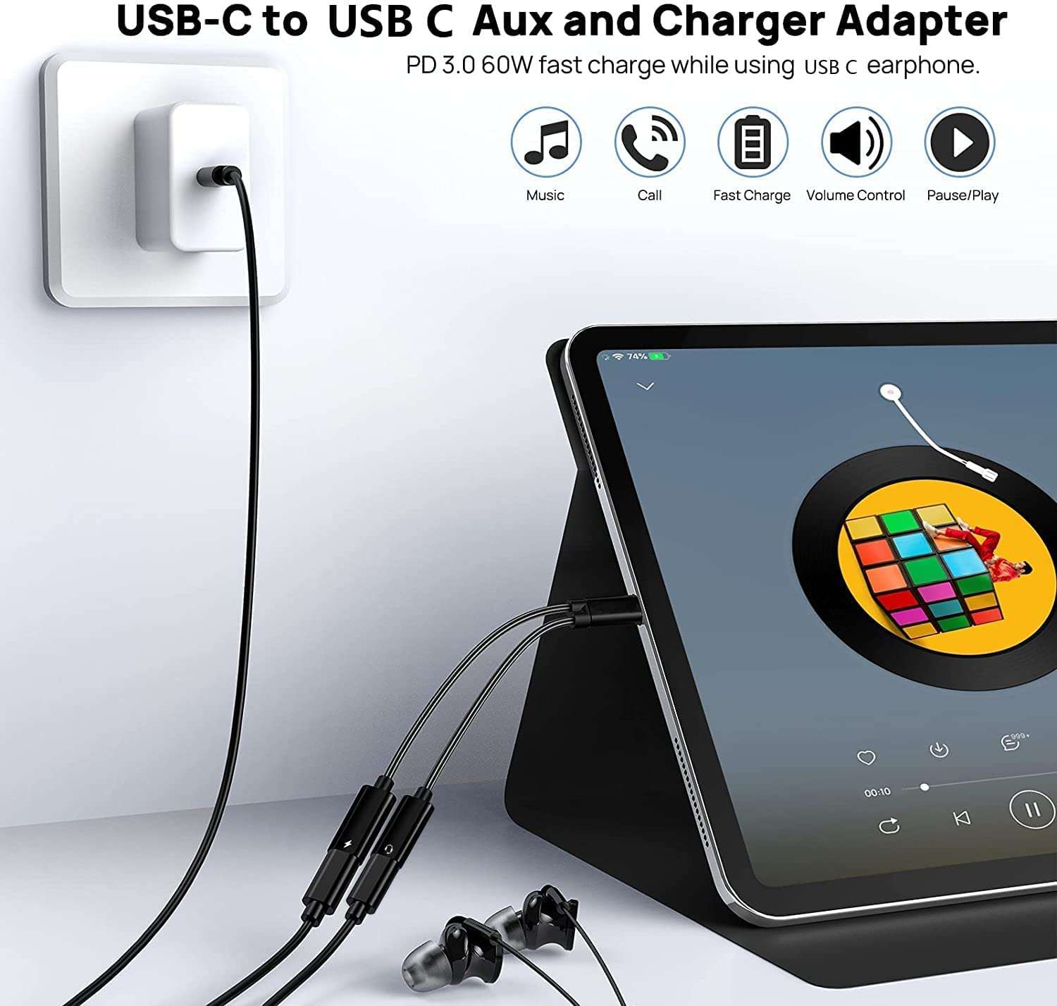 USB C Splitter, Dual USB C Headphones and Charger Adapter with PD 60W Fast Charging for iPhone 16/16Pro/16Pro Max, Pixel 8 7 6XL,Samsung Galaxy S25 S24 S23 S22+ Note 20 and More 5